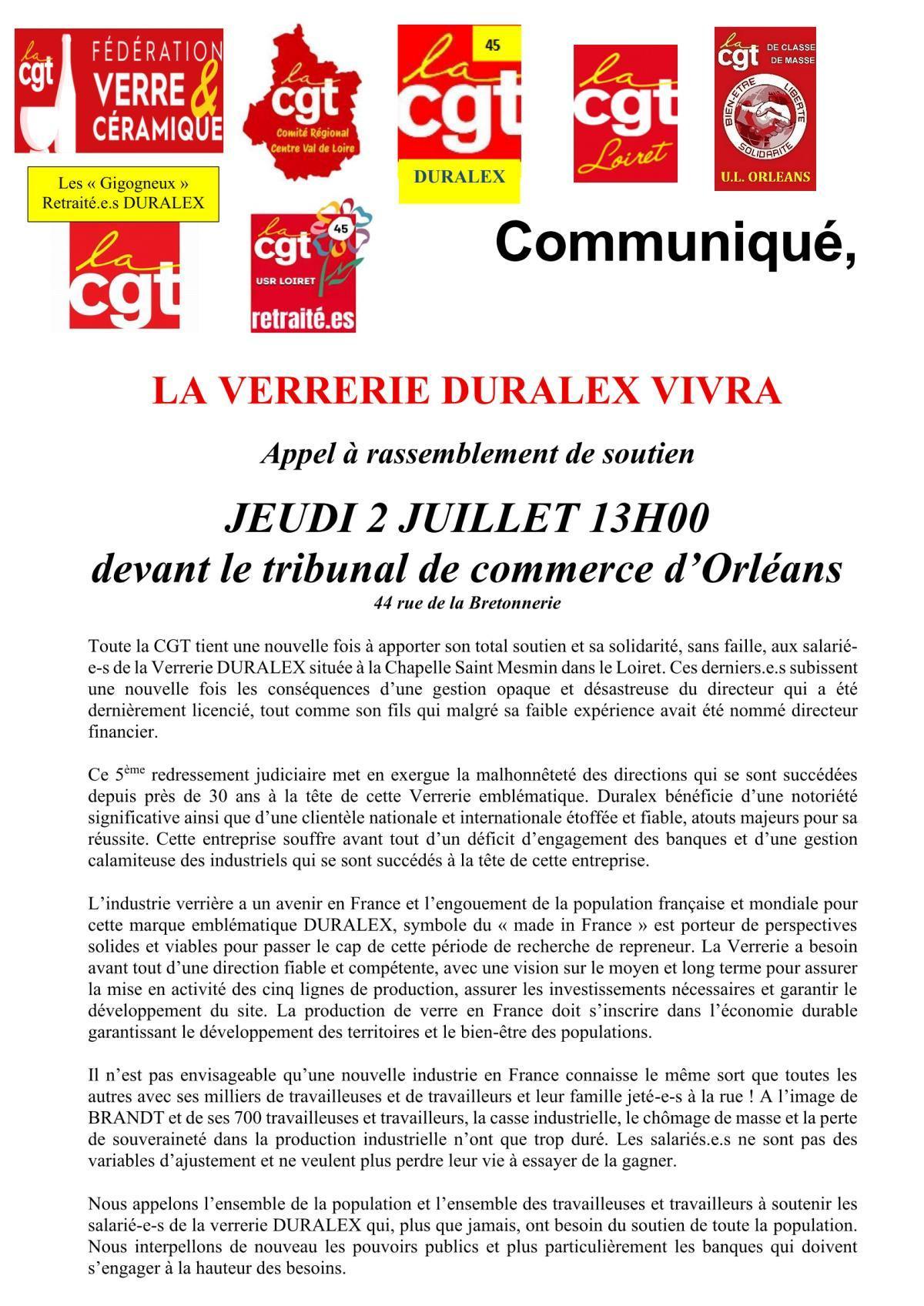 DURALEX - APPEL À RASSEMBLEMENT DE SOUTIEN