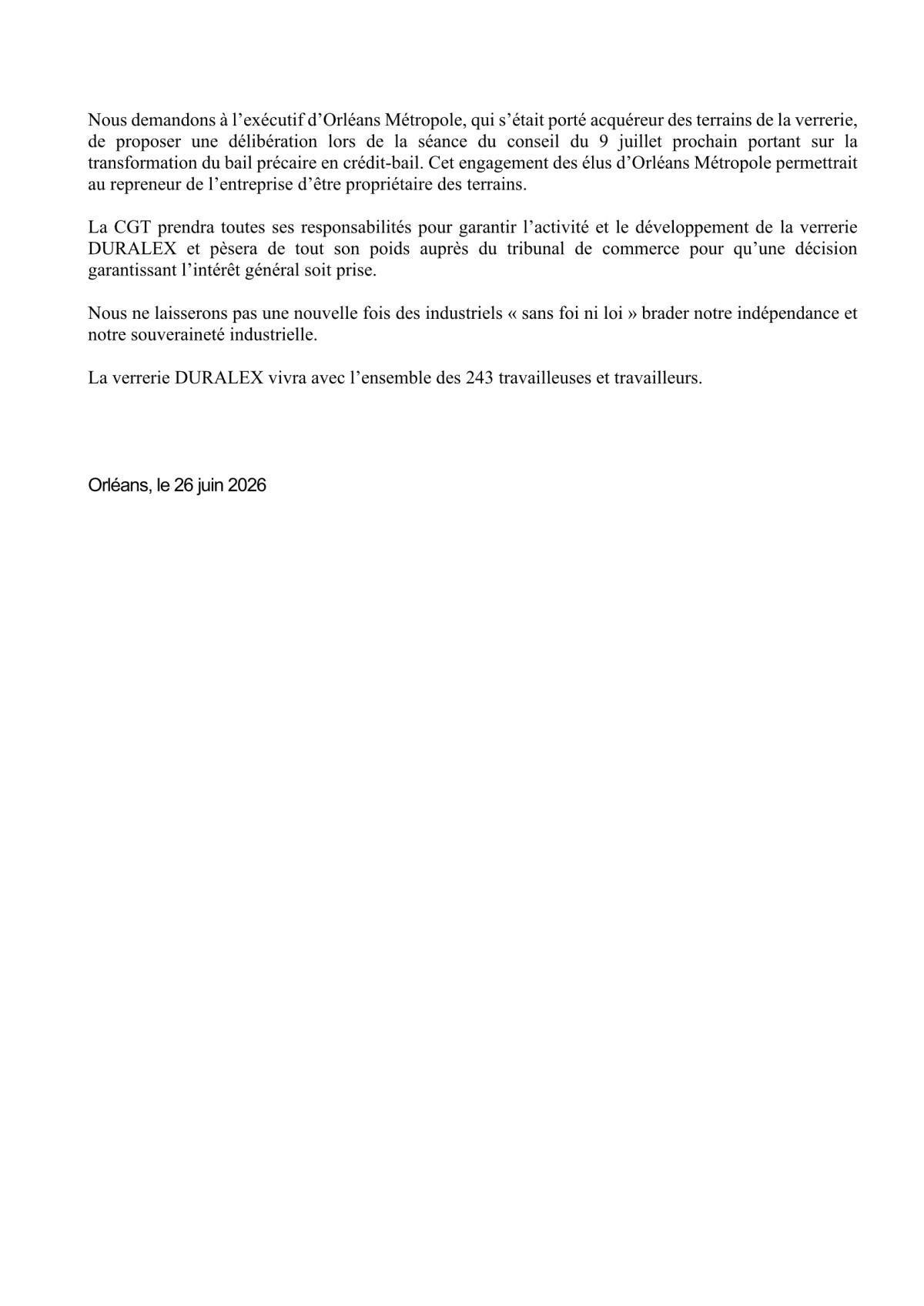 DURALEX - APPEL À RASSEMBLEMENT DE SOUTIEN