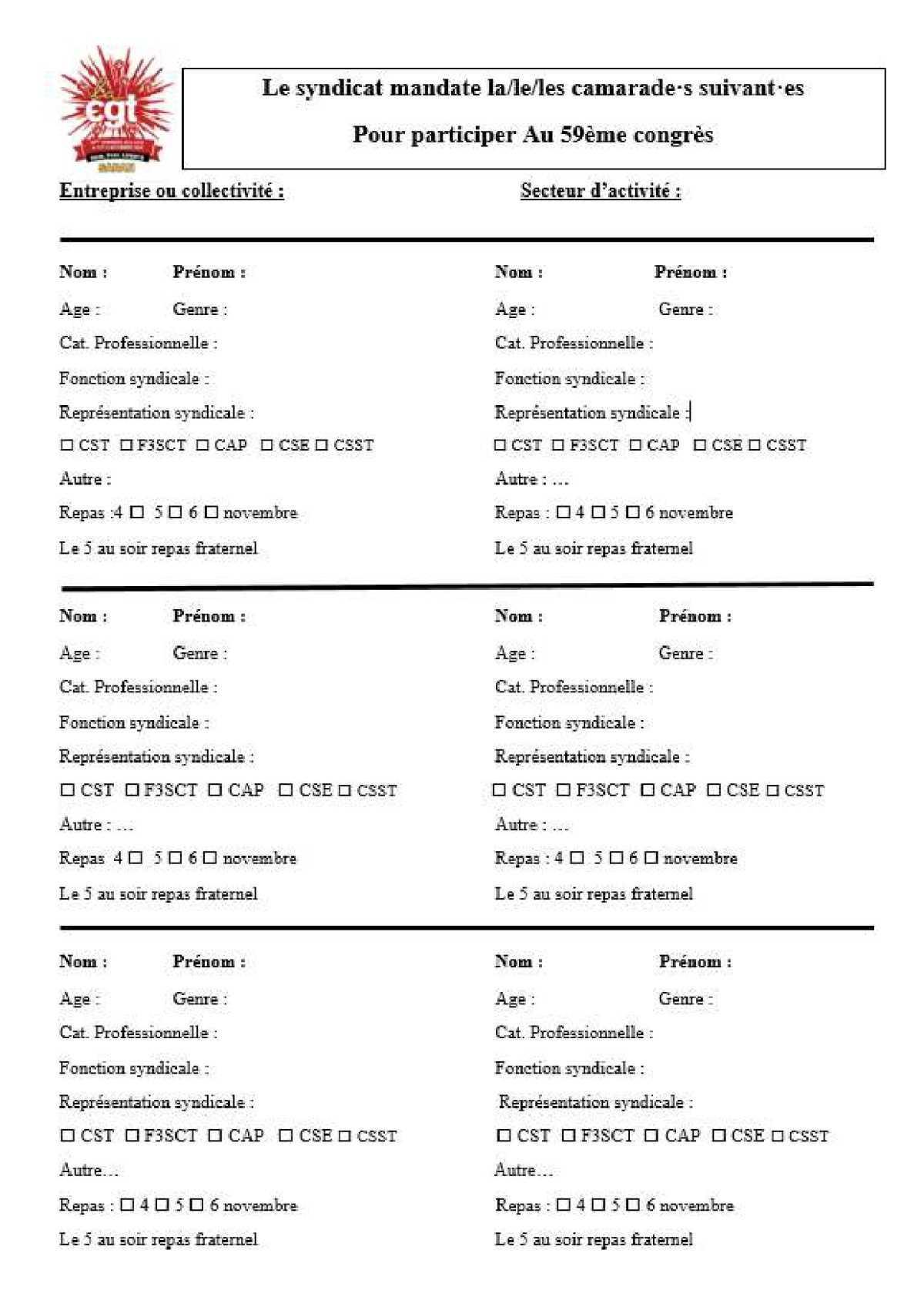 Inscrivez vous pour le 59° Congrès de l'UD CGT Loiret. Diffuser la convocation à tous les syndiqués et transmettre rapidement les fiches de pré-mandatement des délégués puis réserver et régler les repas des participants avant le 15/09.