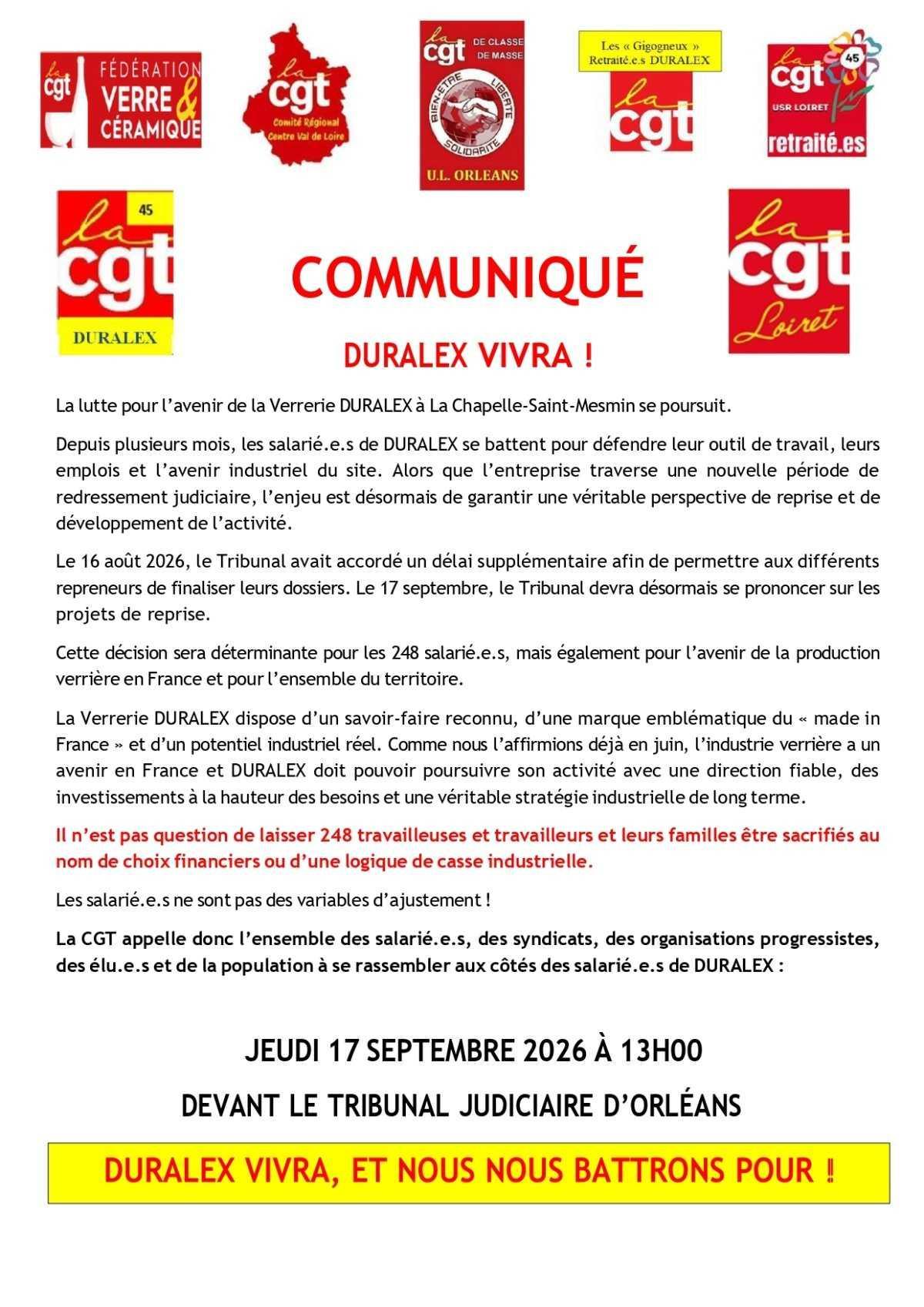 🔴 LA VERRERIE DURALEX VIVRA ! 🔴 17 septembre 