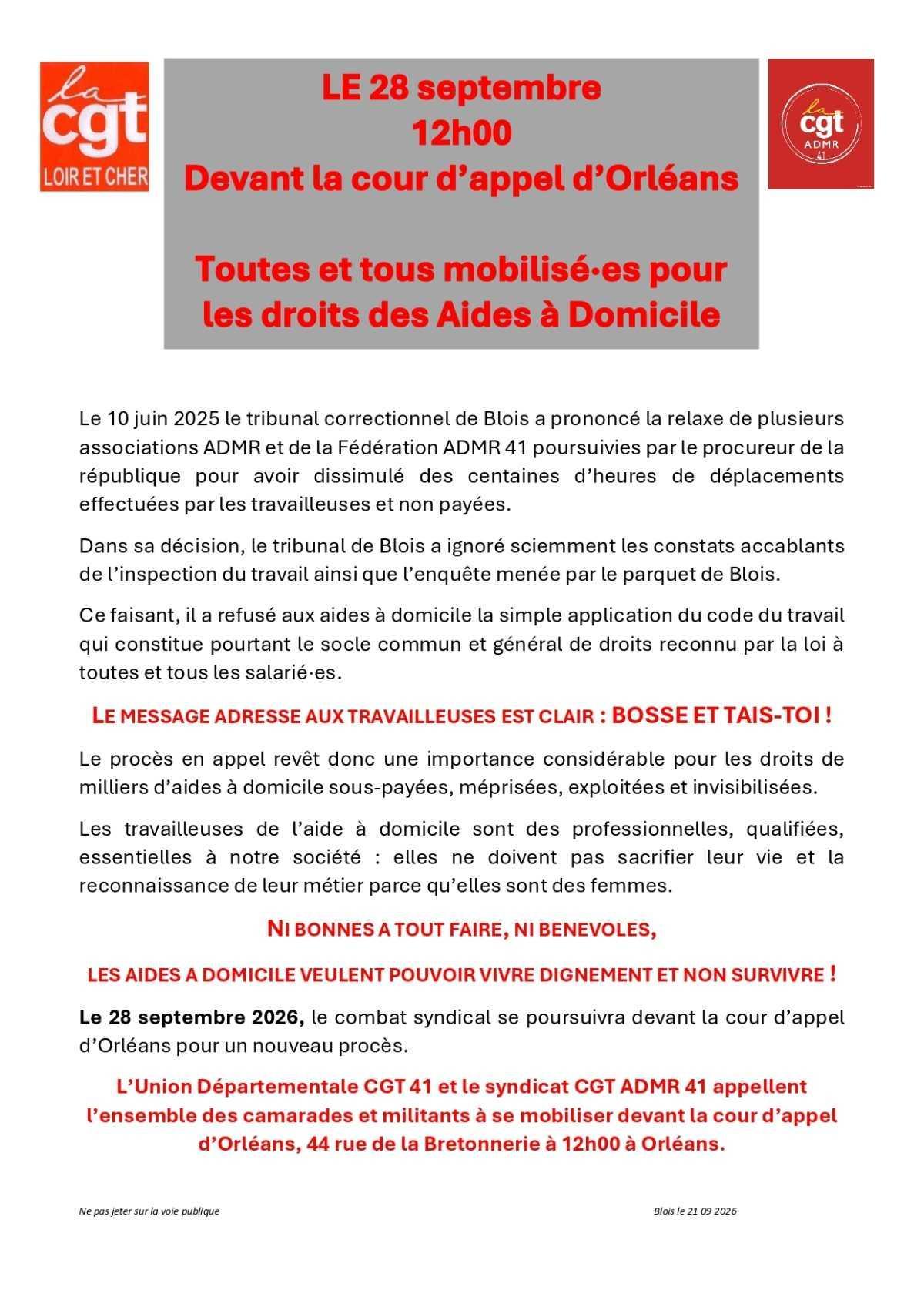 Soutenir les travailleuses de l'aide à domicile de l'ADMR du Loir et cher devant la cour d'appel d'Orléans, le 28 septembre 2026 à 12H00.