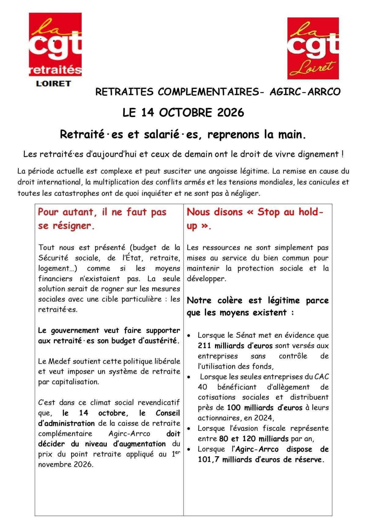 RETRAITES COMPLEMENTAIRES- AGIRC-ARRCO LE 14 OCTOBRE 2026