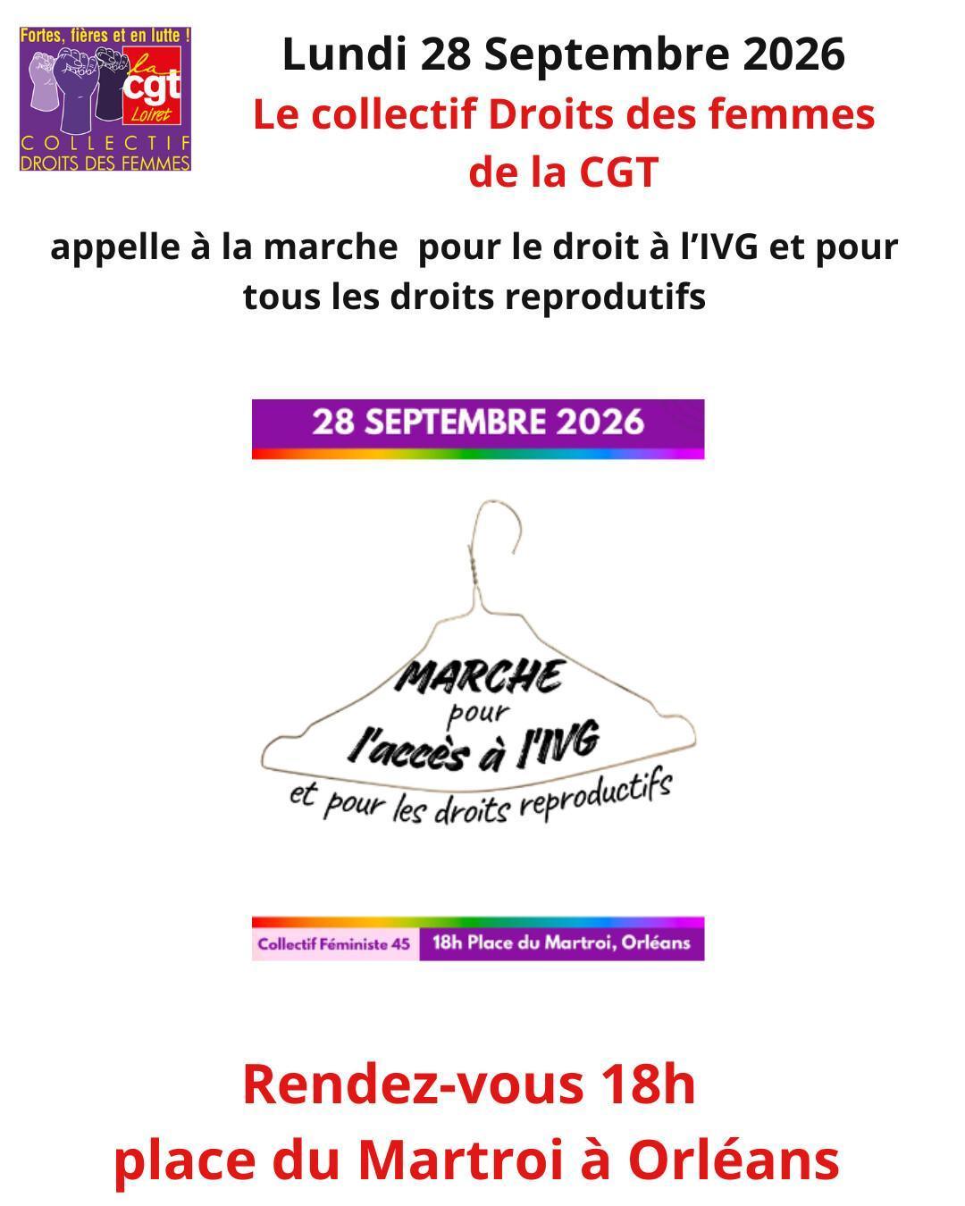 28 septembre Journée internationale pour le droit à l’avortement et tous les droits reproductifs. Lundi 28 septembre 2026 à 18 h. Place du Martroi à Orléans,