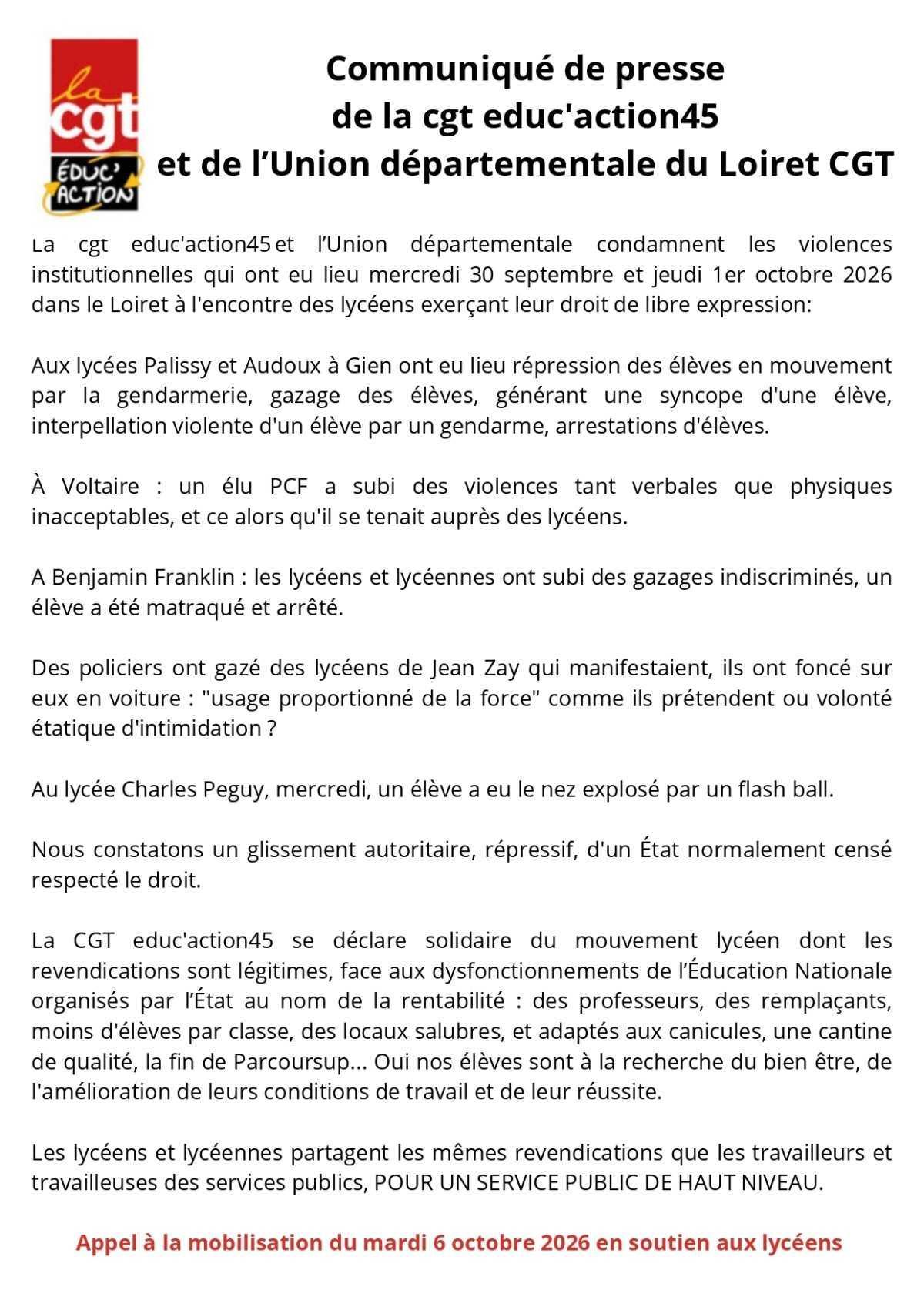 APPEL À MOBILISATION AVEC LES LYCÉEN·NES