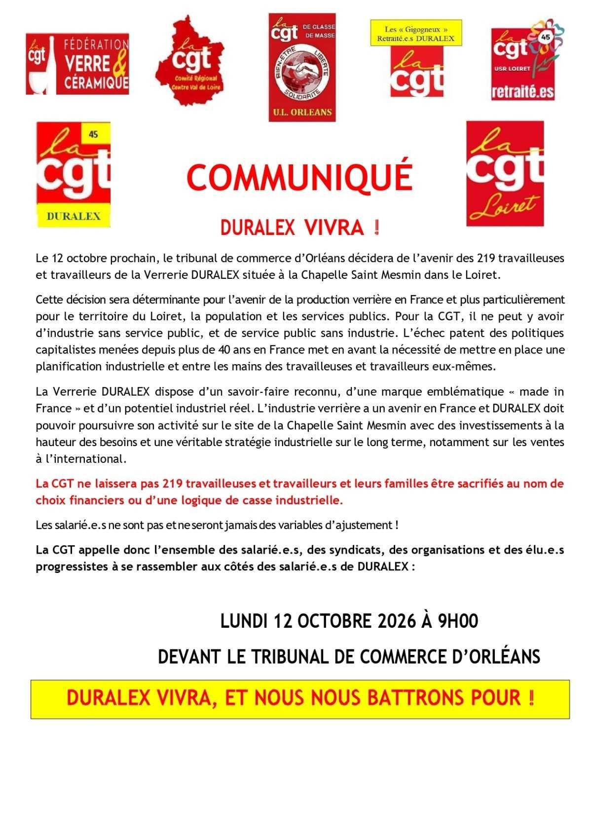 DURALEX VIVRA ! LUNDI 12 OCTOBRE À 9H00 TRIBUNAL DE COMMERCE D’ORLÉANS