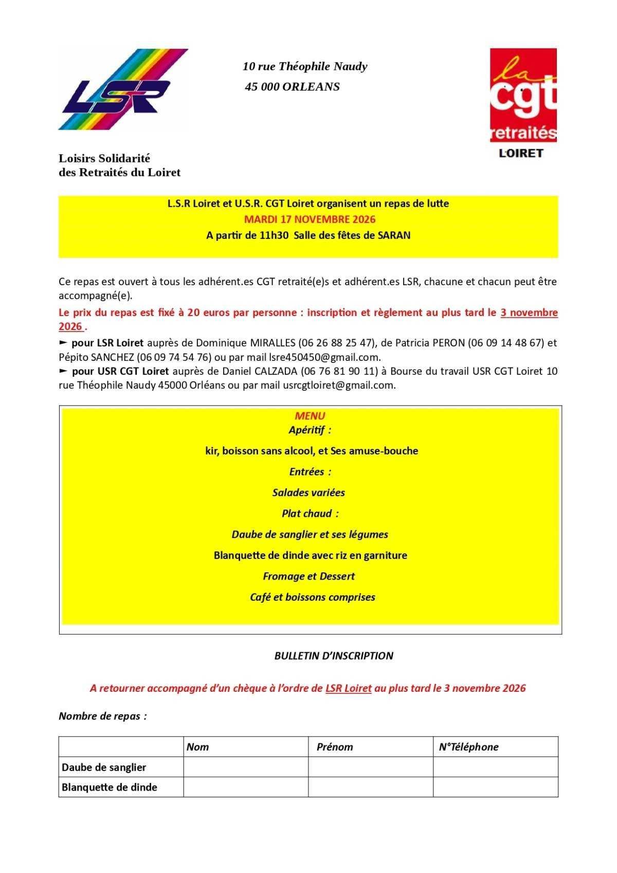 REPAS FRATERNEL MARDI 17 NOVEMBRE A SARAN