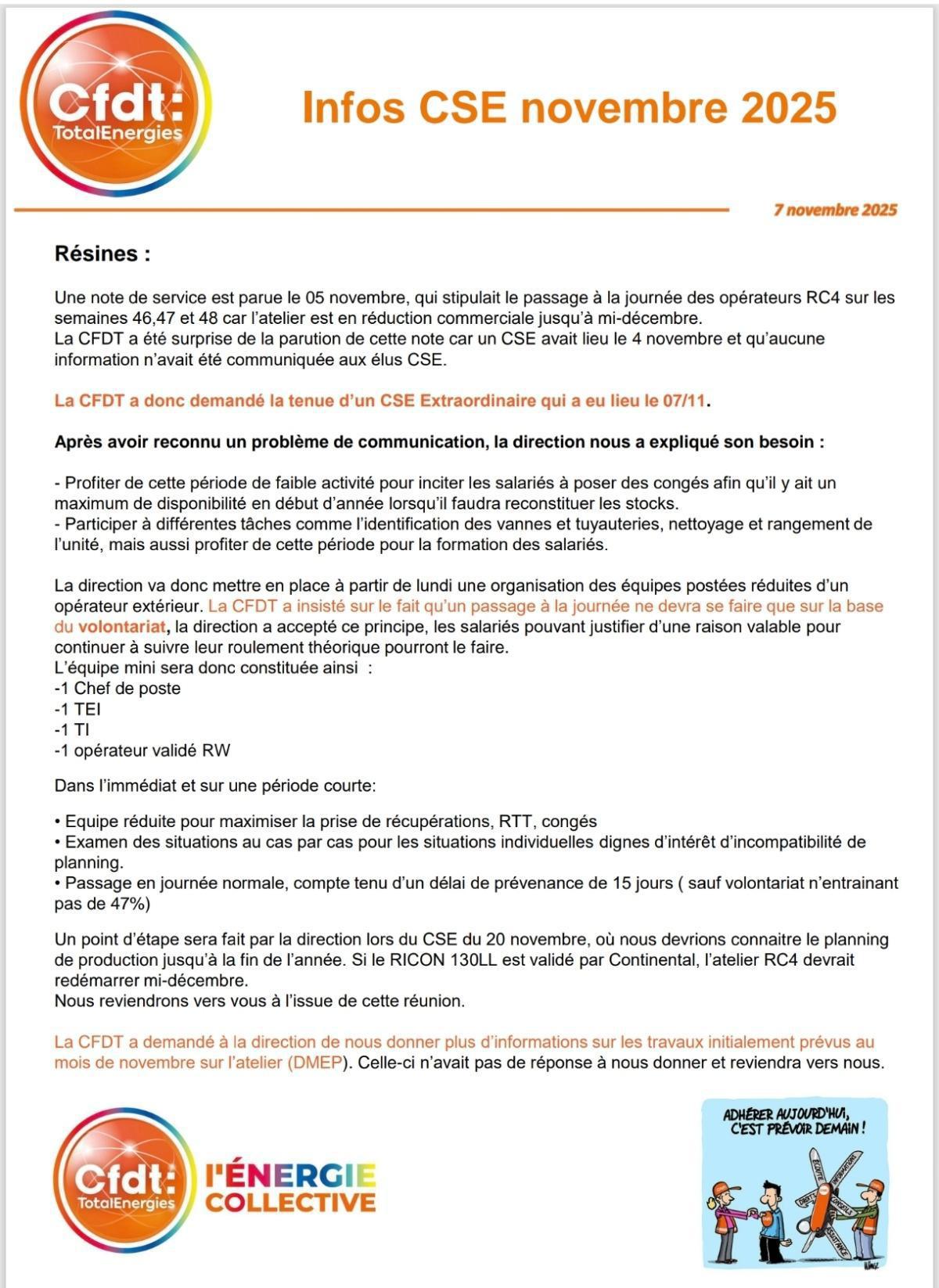 CSE du 4/11 (ordinaire) & 7/11 (extraordinaire) - infos CFDT