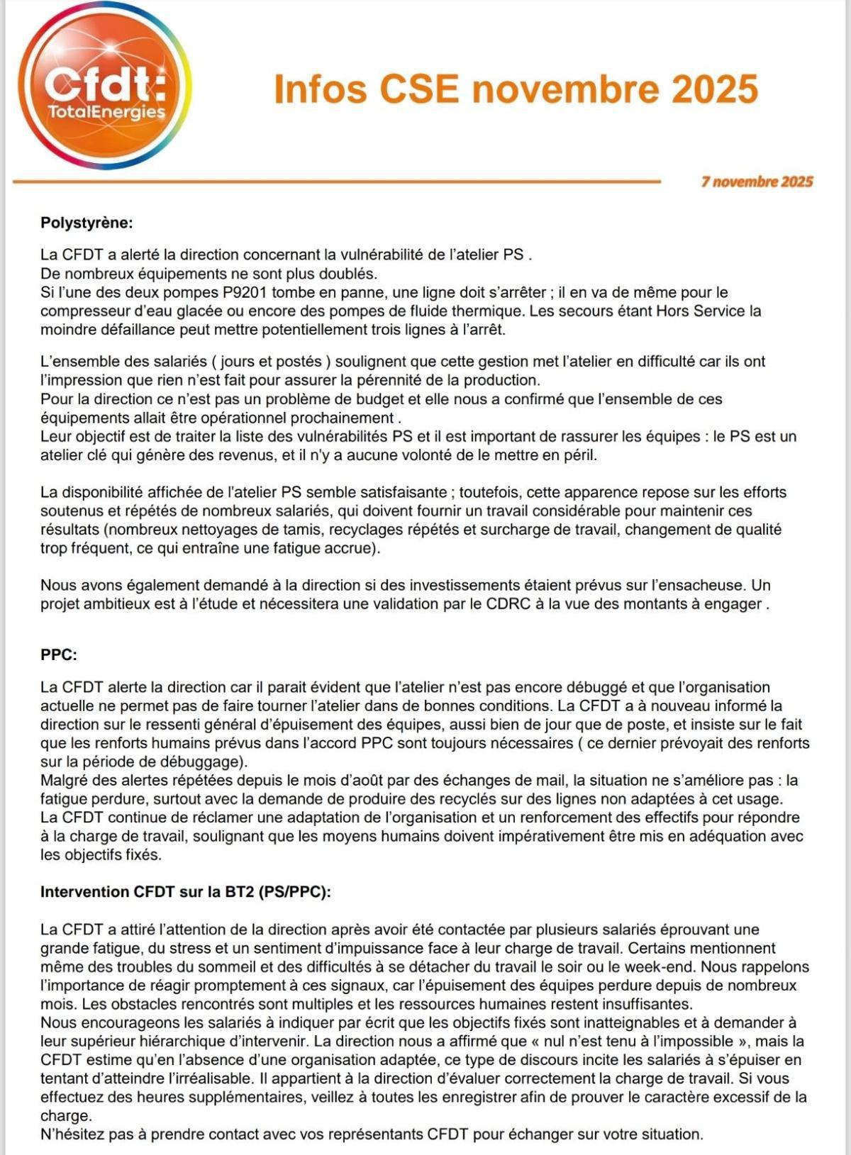 CSE du 4/11 (ordinaire) & 7/11 (extraordinaire) - infos CFDT