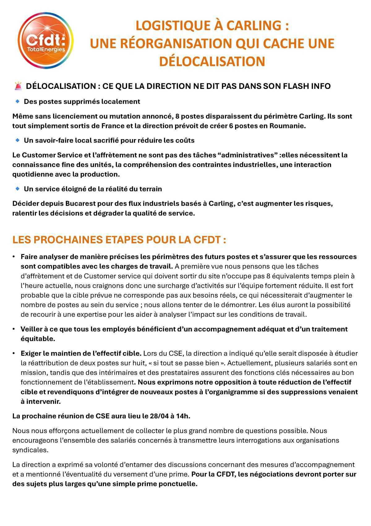 Réorganisation logistique - CSE du 23/04/26