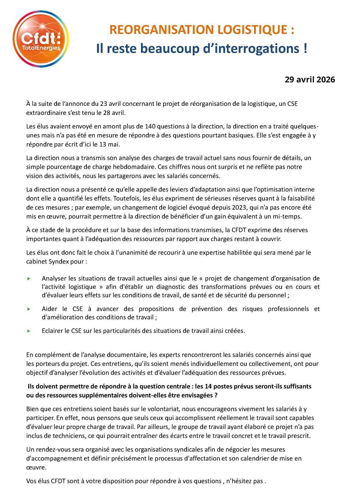 CSE Extra du 28/04/26 - Réorganisation logistique