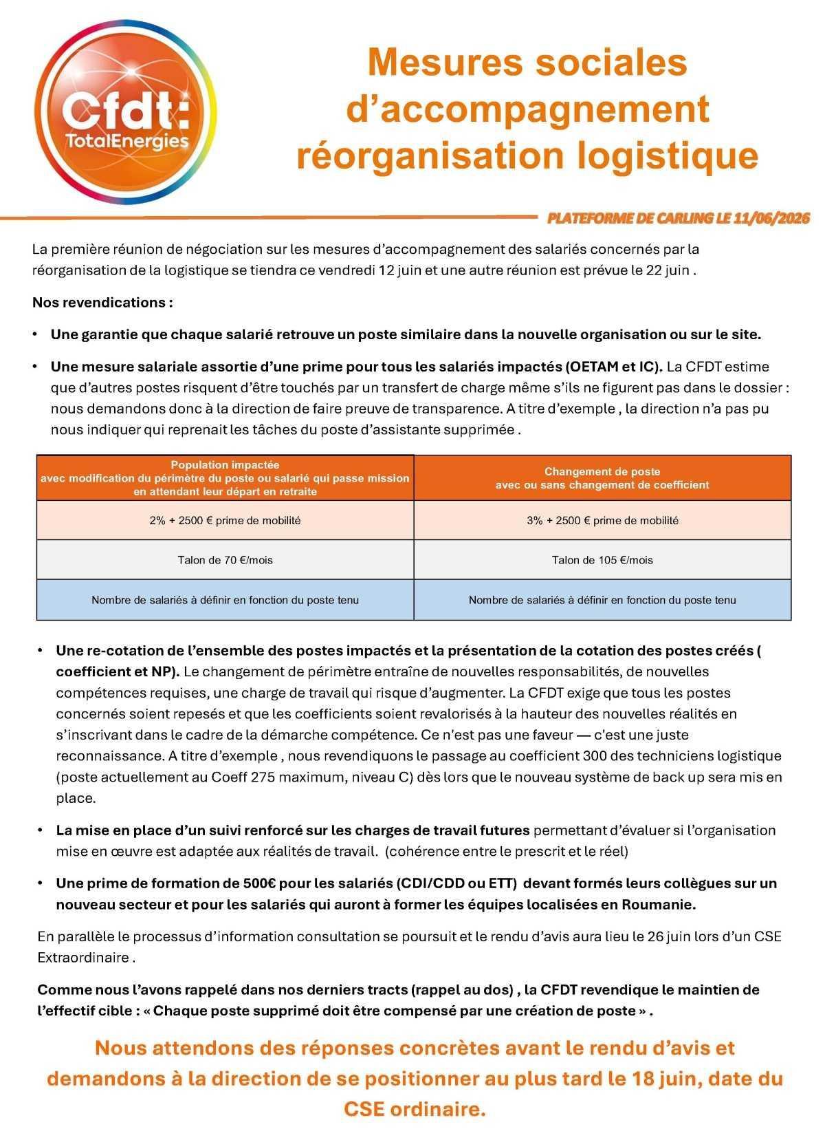 Réorganisation logistique : les revendications de la CFDT ! Réorganisation logistique : les revendications de la CFDT !