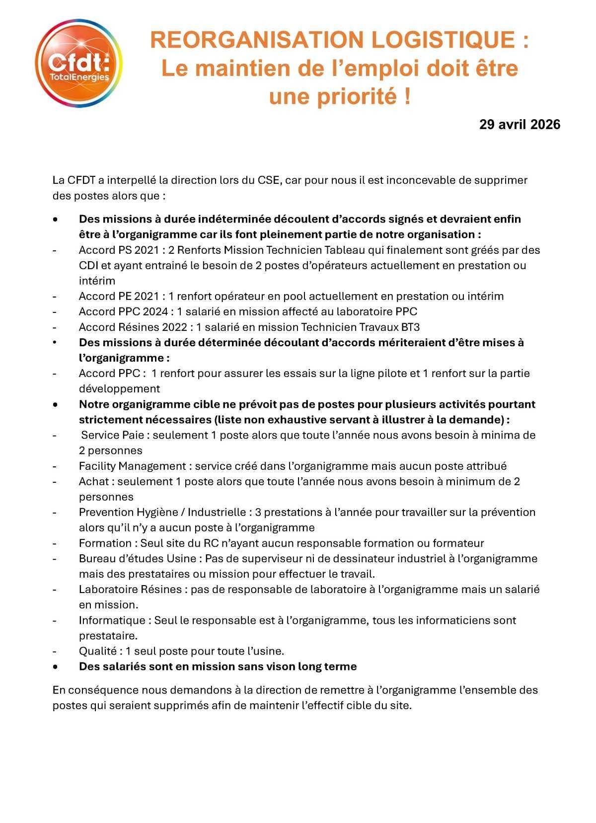Réorganisation logistique : les revendications de la CFDT ! Réorganisation logistique : les revendications de la CFDT !