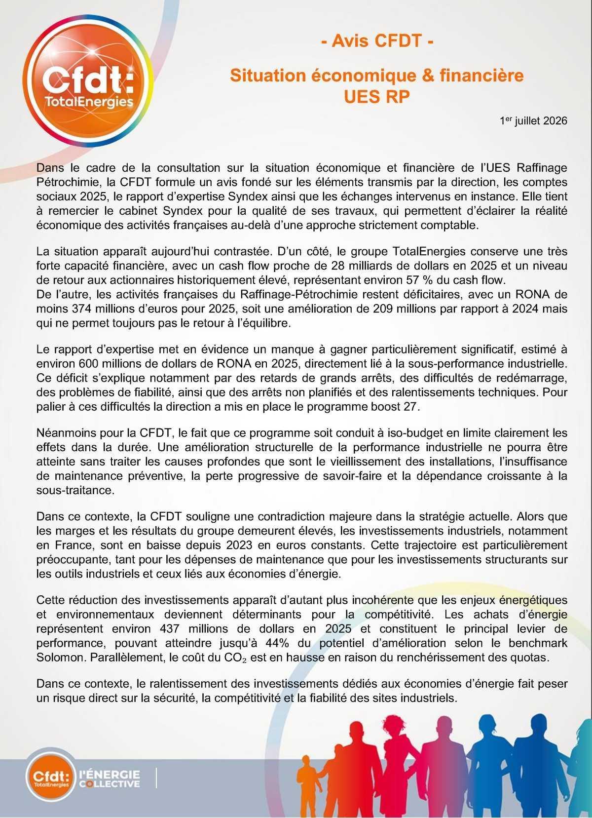 Avis CFDT au CSEC sur la situation économique & financière UES RP 2025