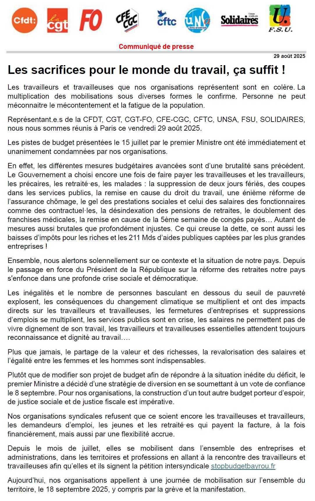 Les sacrifices pour le monde du travail, ça suffit !