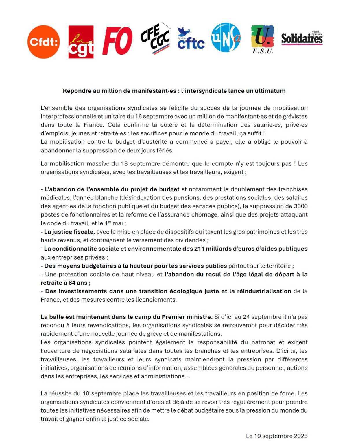 Communiqué intersyndical - Répondre au million de manifestant·es : l’intersyndicale lance un ultimatum