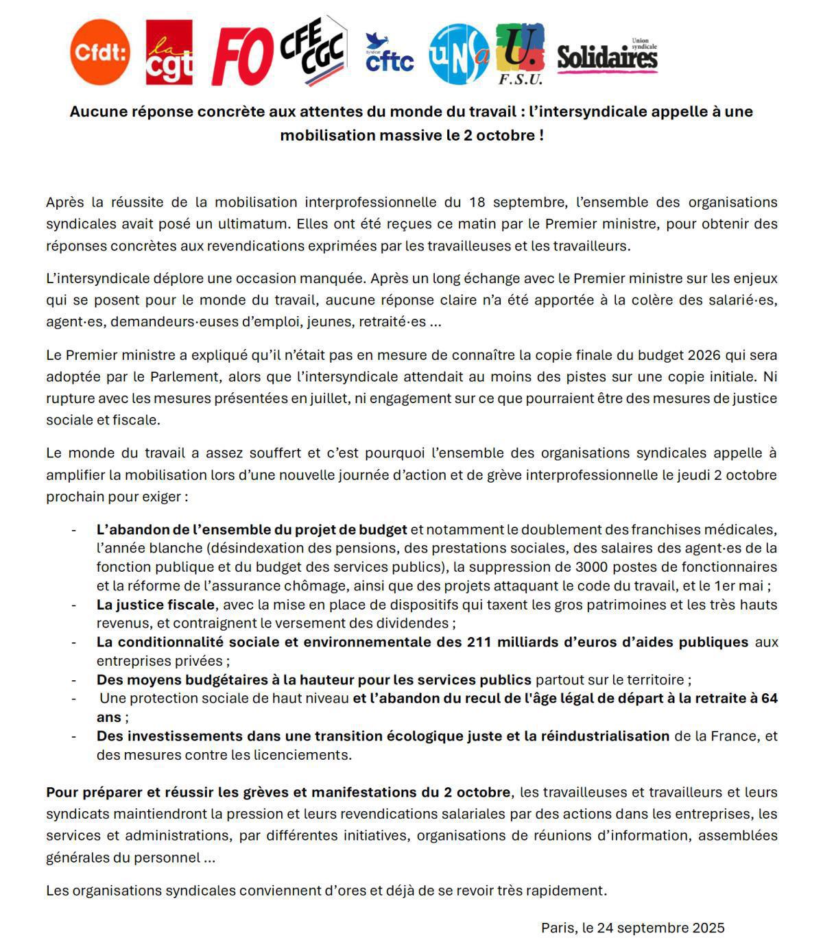 L’intersyndicale appelle à une mobilisation massive le 2 octobre