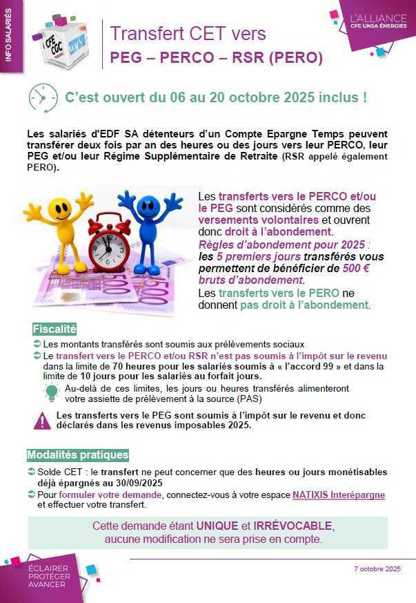 📣 Transfert du CET vers PEG - PERCO - RSR (PERO) > ouvert du 6 au 20 octobre !