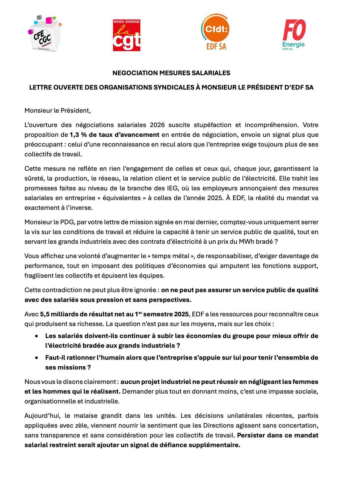 Négociations mesures salariales : lettre ouverte des organisations syndicale à Monsieur le Président d’EDF SA