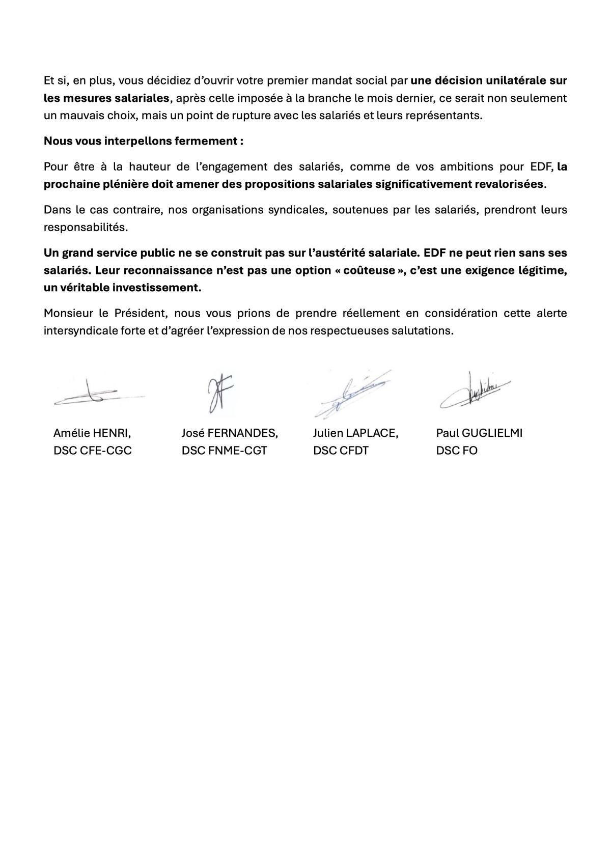 Négociations mesures salariales : lettre ouverte des organisations syndicale à Monsieur le Président d’EDF SA