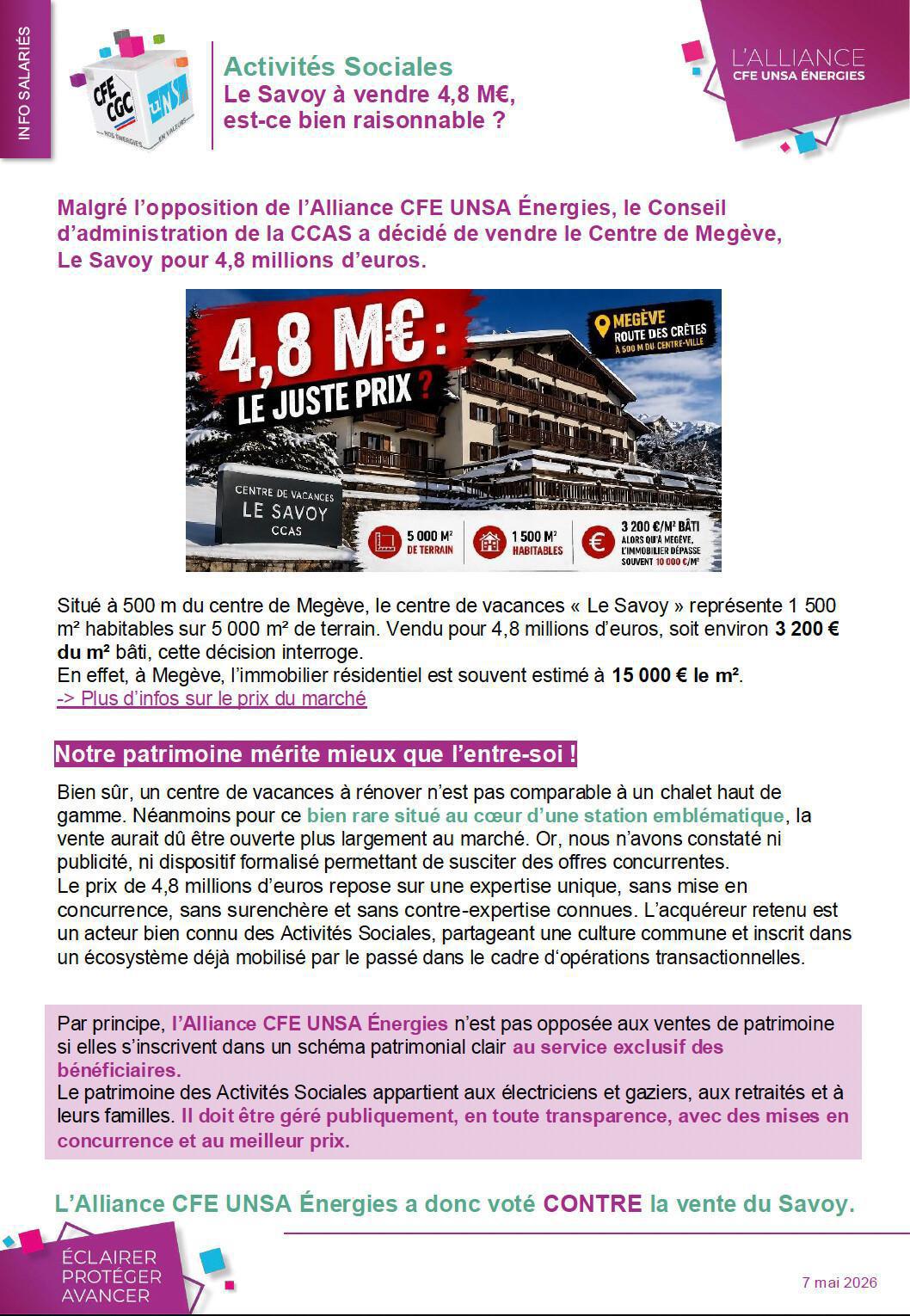 Activités sociales - Vente du centre de Megève