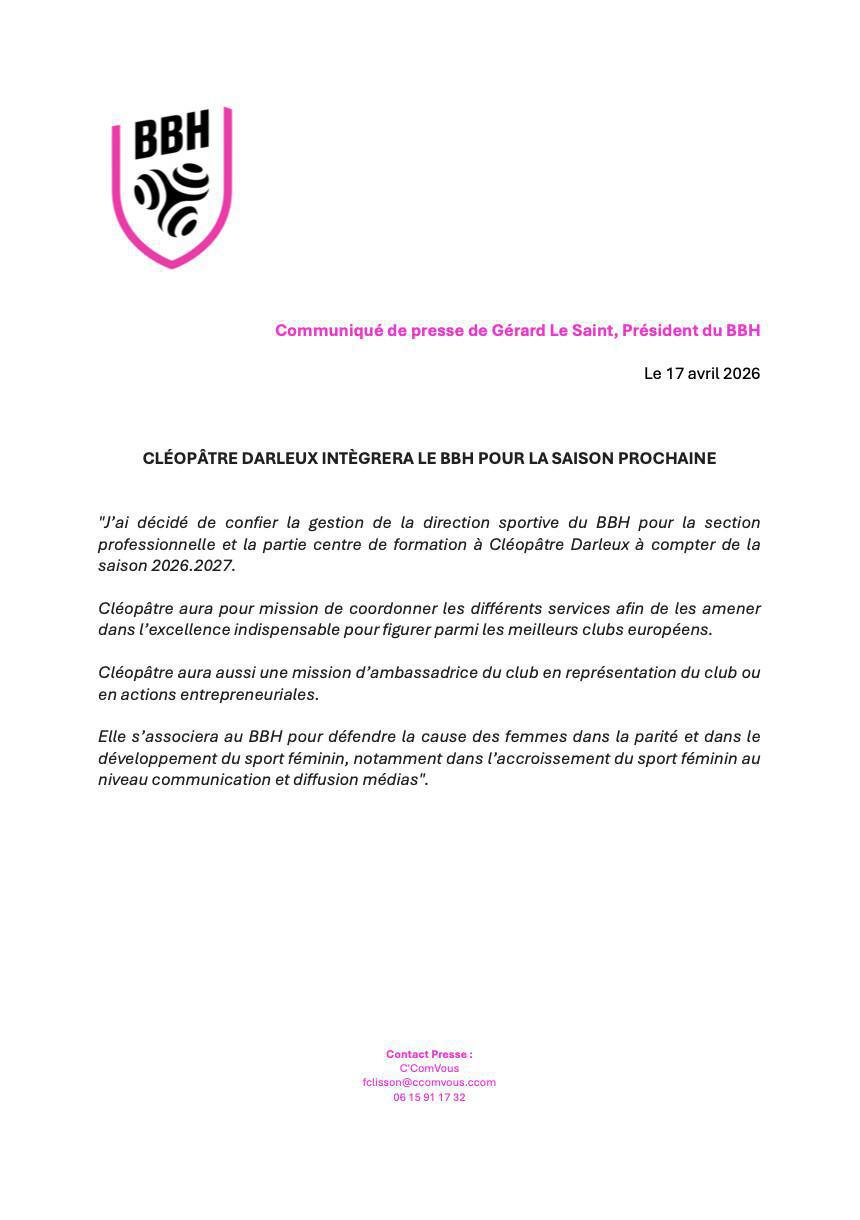 Communiqué officiel : Nomination de Cléopâtre Darleux à la direction sportive du BBH