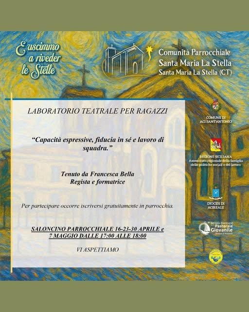 Laboratorio Teatrale per Ragazzi “Capacità espressive, fiducia in sé e lavoro di squadra” (dalle ore 17.00 alle 18.00) Laboratorio Teatrale per Ragazzi “Capacità espressive, fiducia in sé e lavoro di squadra” (dalle ore 17.00 alle 18.00)