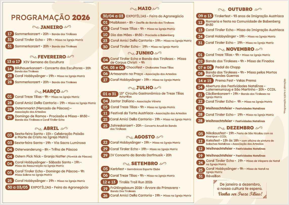 Calendário de Eventos 2026 - Treze Tílias