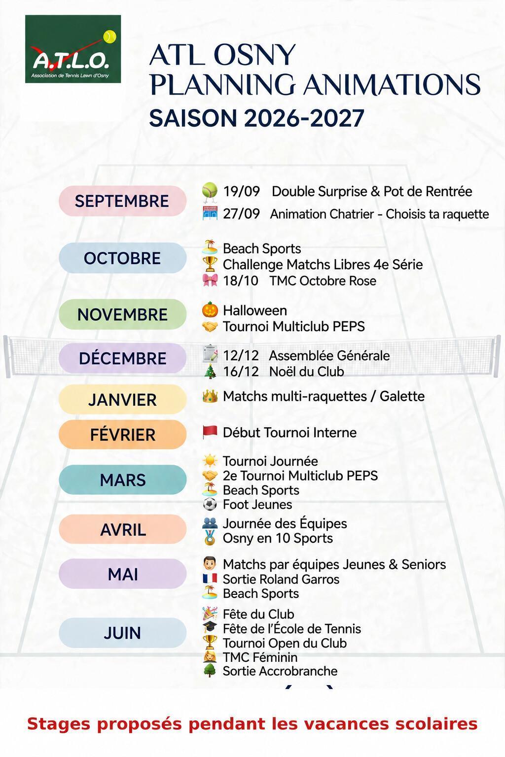 Planning des animations 2026-2027