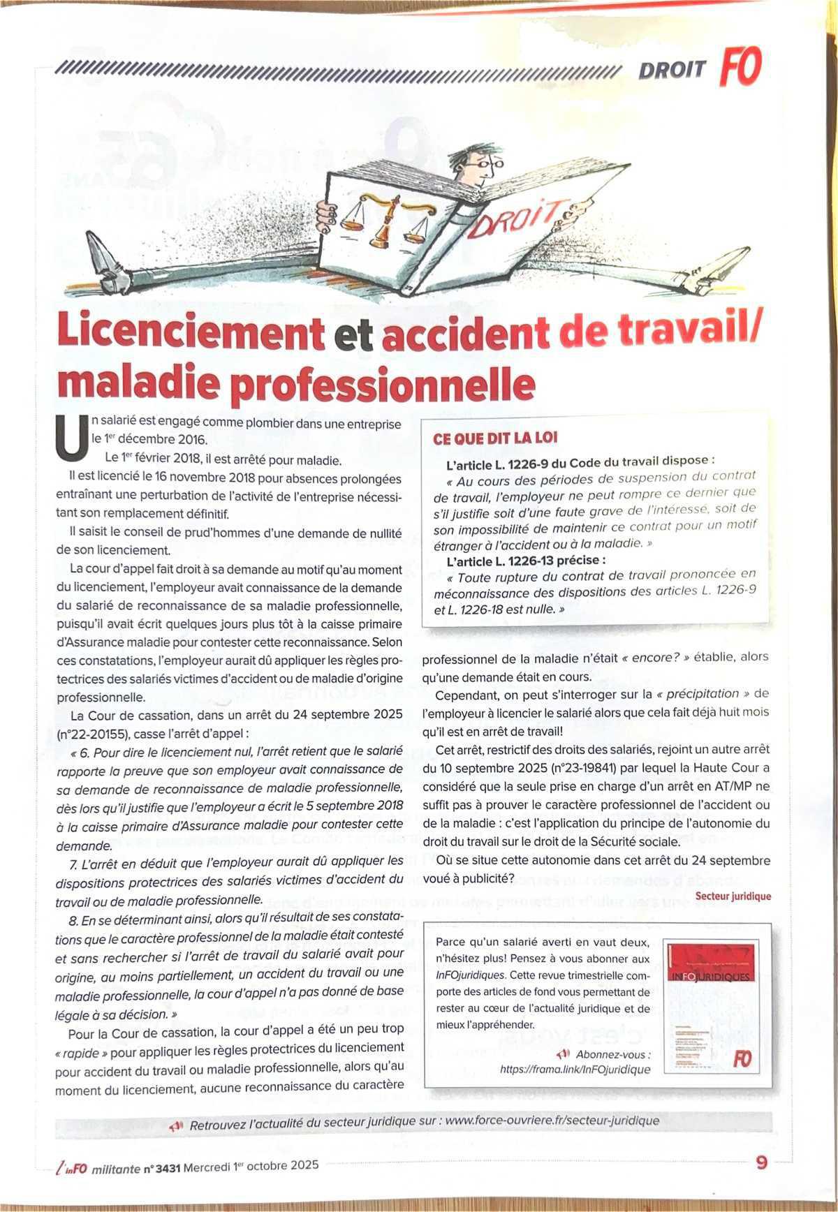 Licenciement et accident du travail/maladie professionnelle