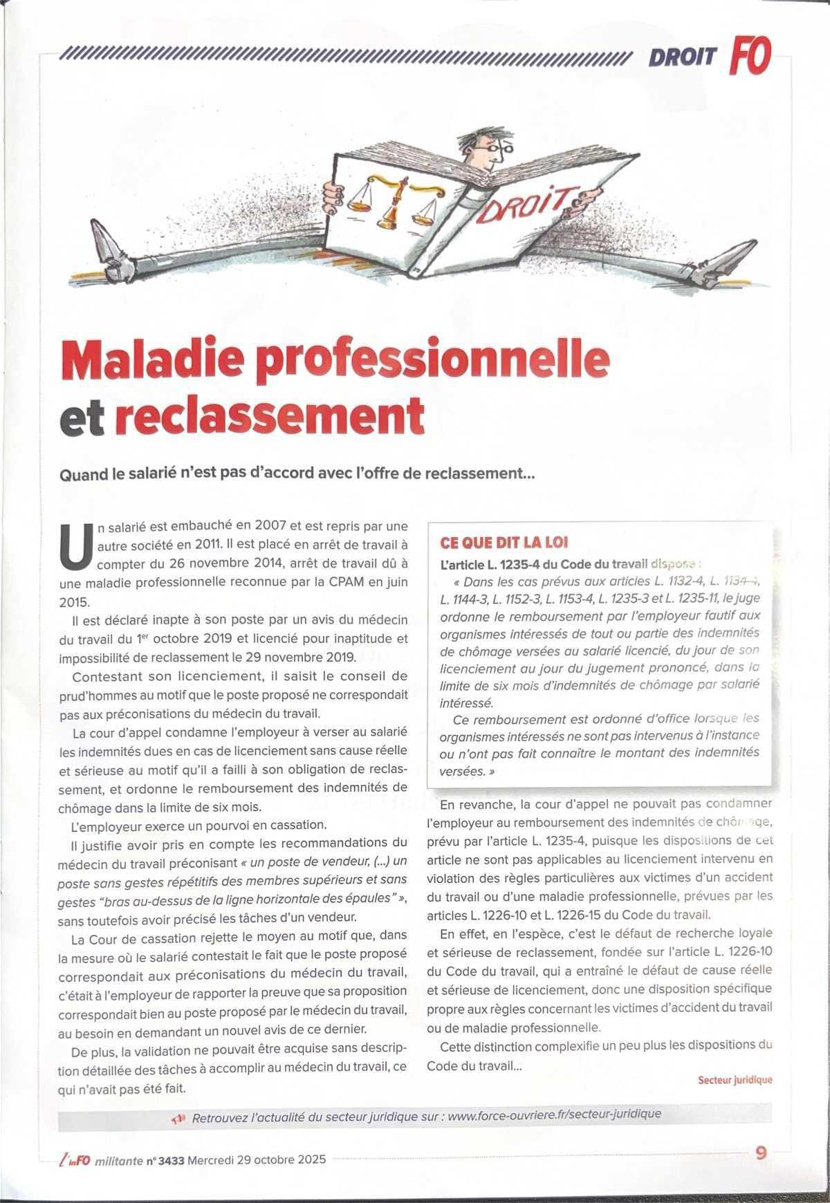 Maladie professionnelle et reclassement