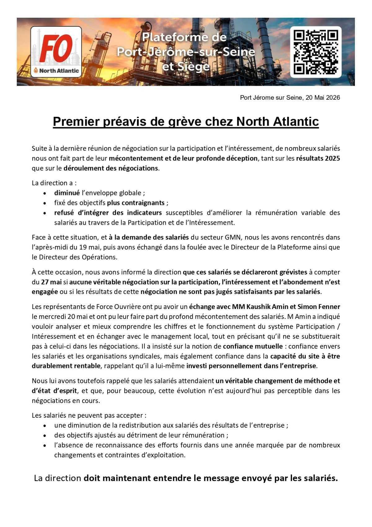 1 er Préavis de grève chez North Atlantic 