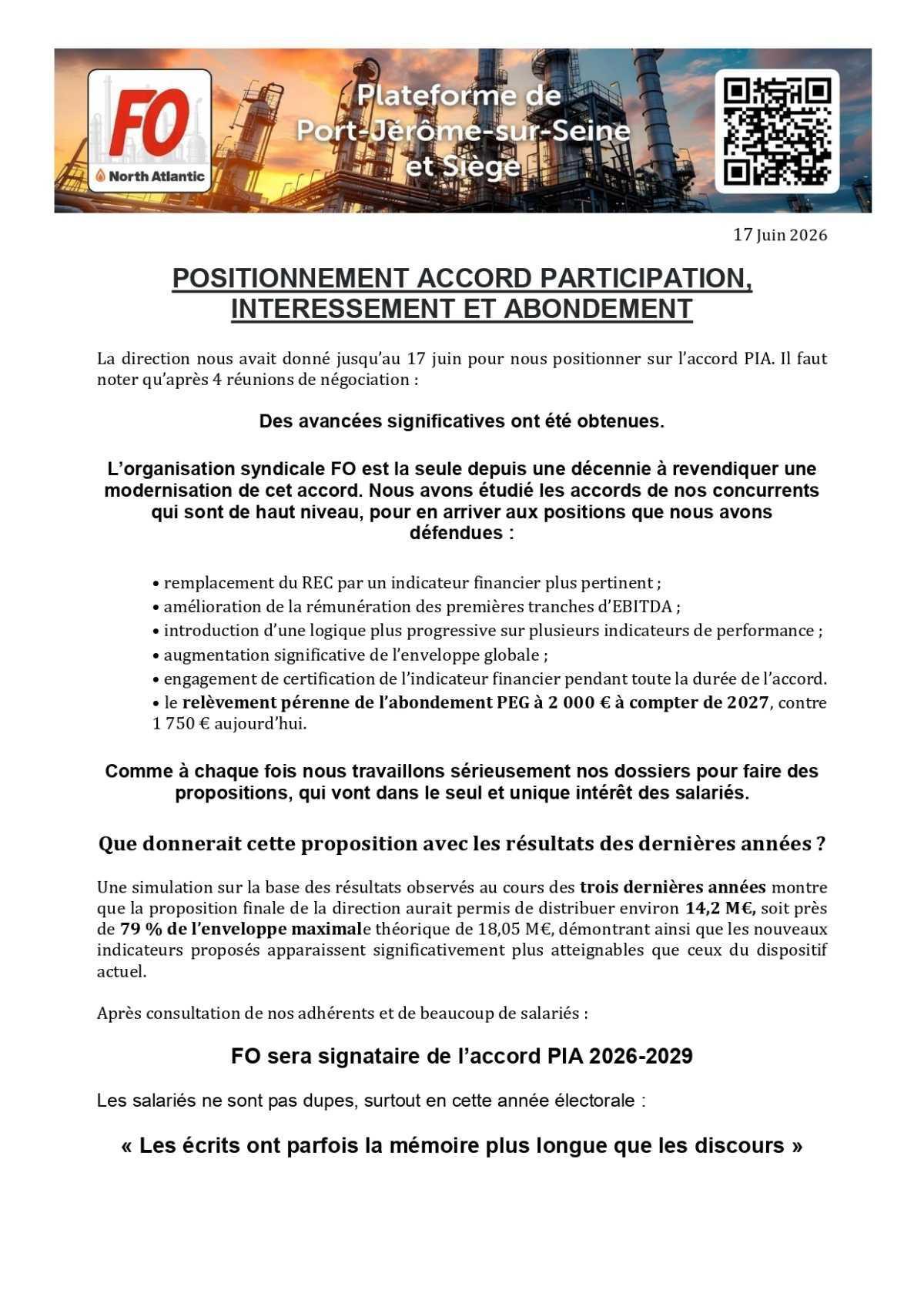 Positionnement FO sur l'accord PIA.
