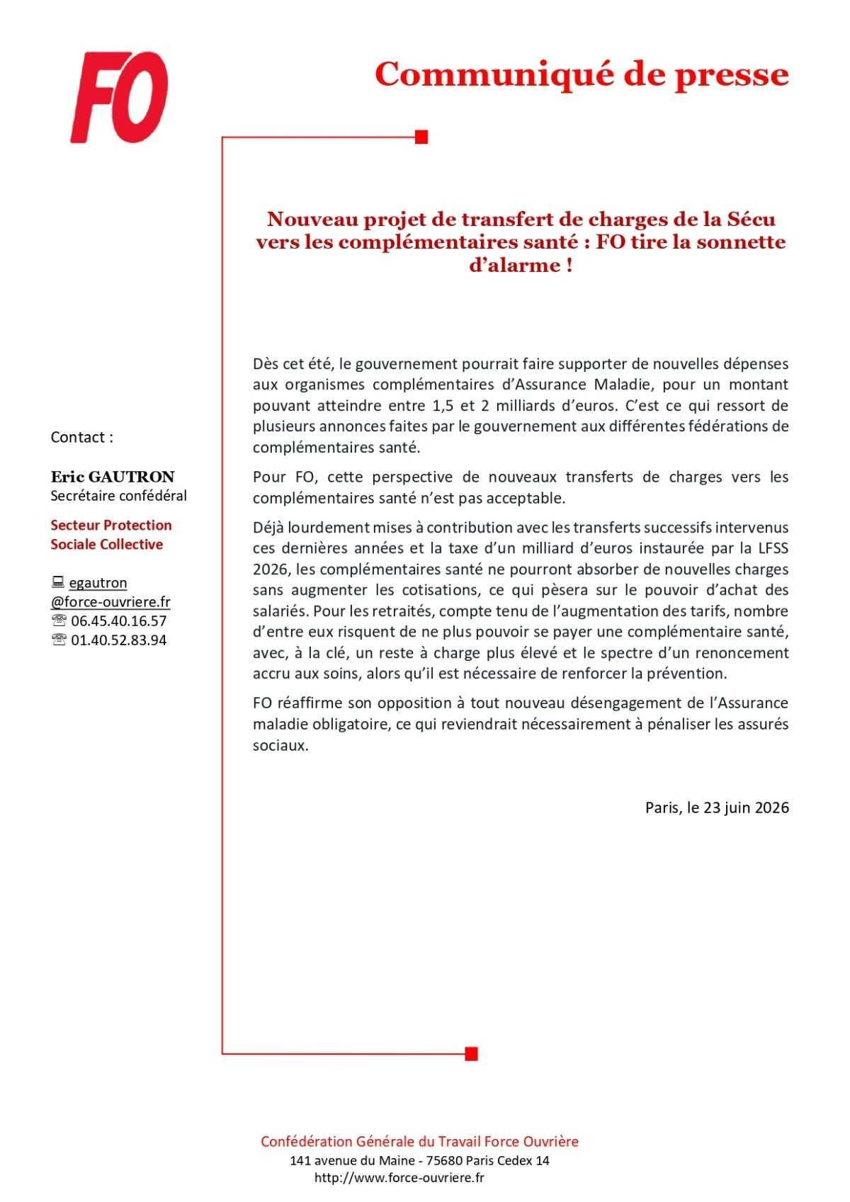 Nouveau projet de transfert de charges de la Sécu vers les complémentaires santé : FO tire la sonnette d’alarme !