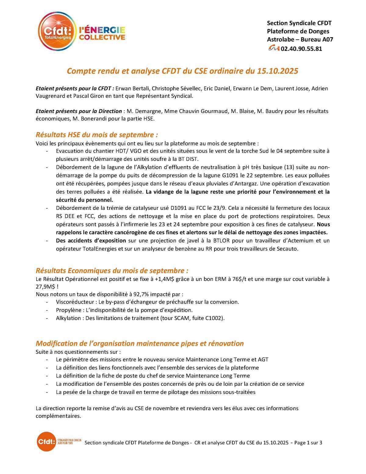 CSE du 15/10/25 - Compte-rendu