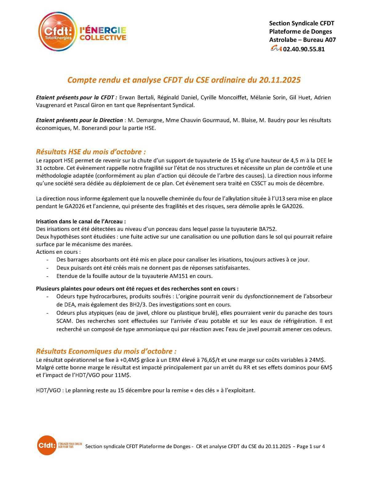 CSE du 20 novembre 2025 - Compte-rendu CFDT
