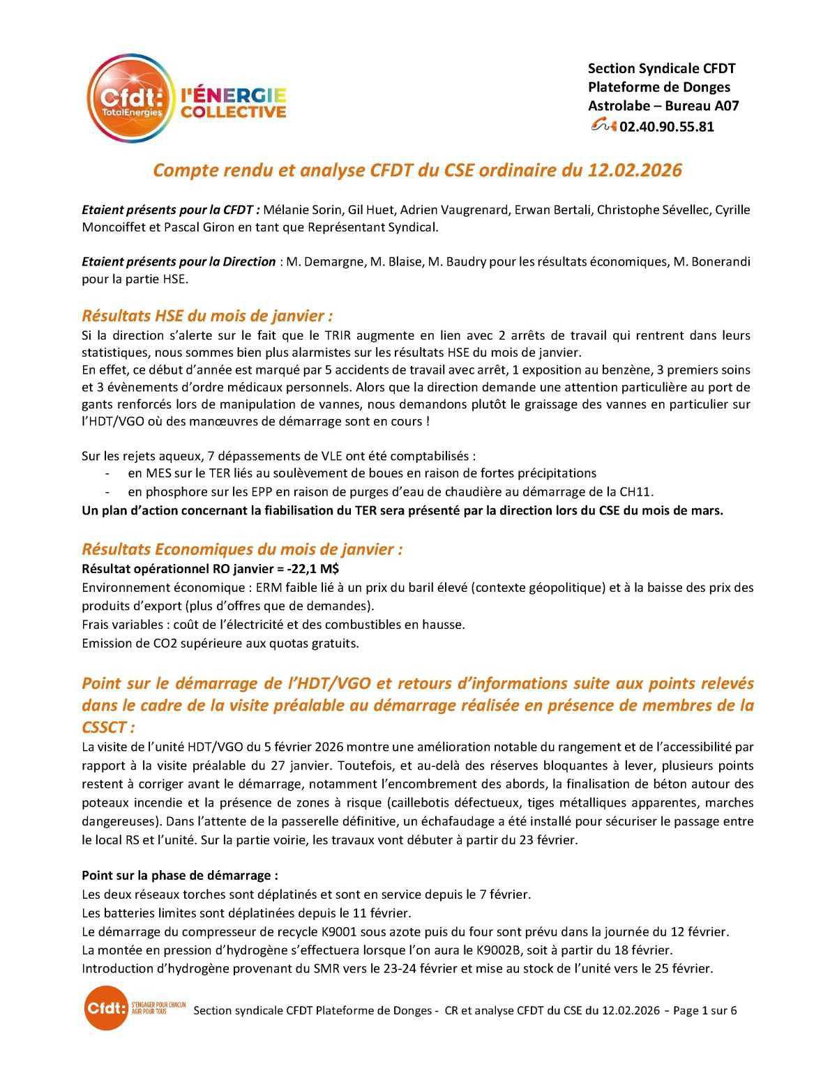 CSE du 12 février 2026 - Compte-rendu CFDT