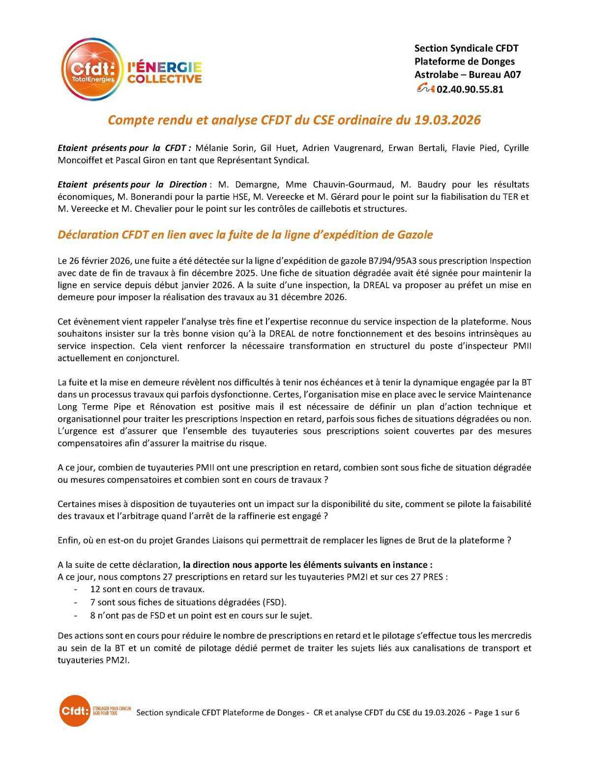 CSE du 19 mars 2026 - Compte-rendu CFDT