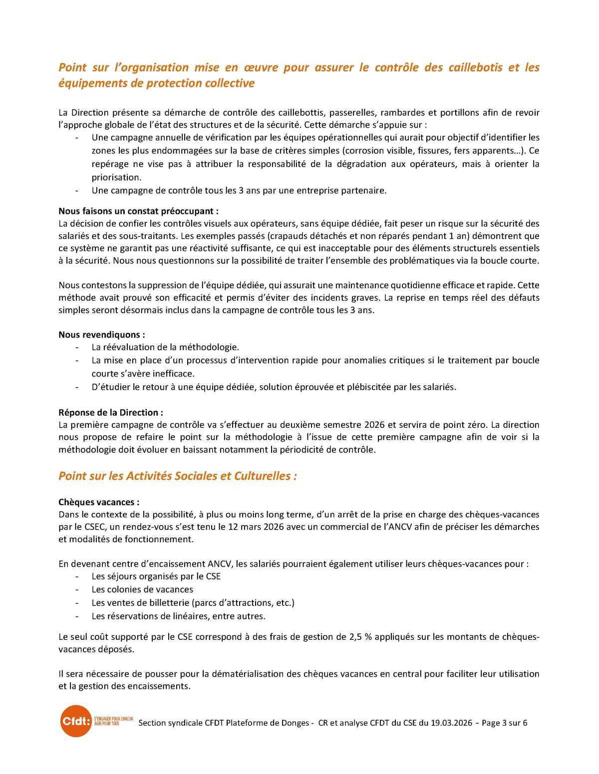 CSE du 19 mars 2026 - Compte-rendu CFDT