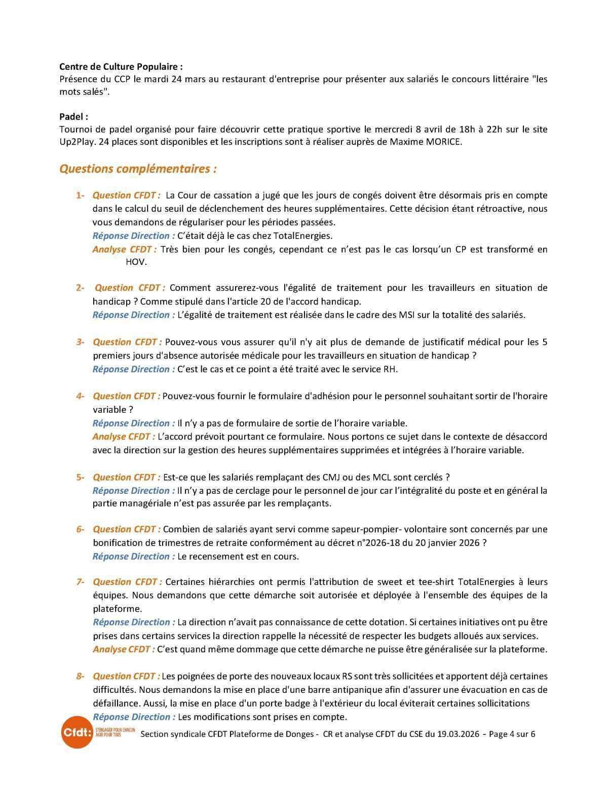 CSE du 19 mars 2026 - Compte-rendu CFDT