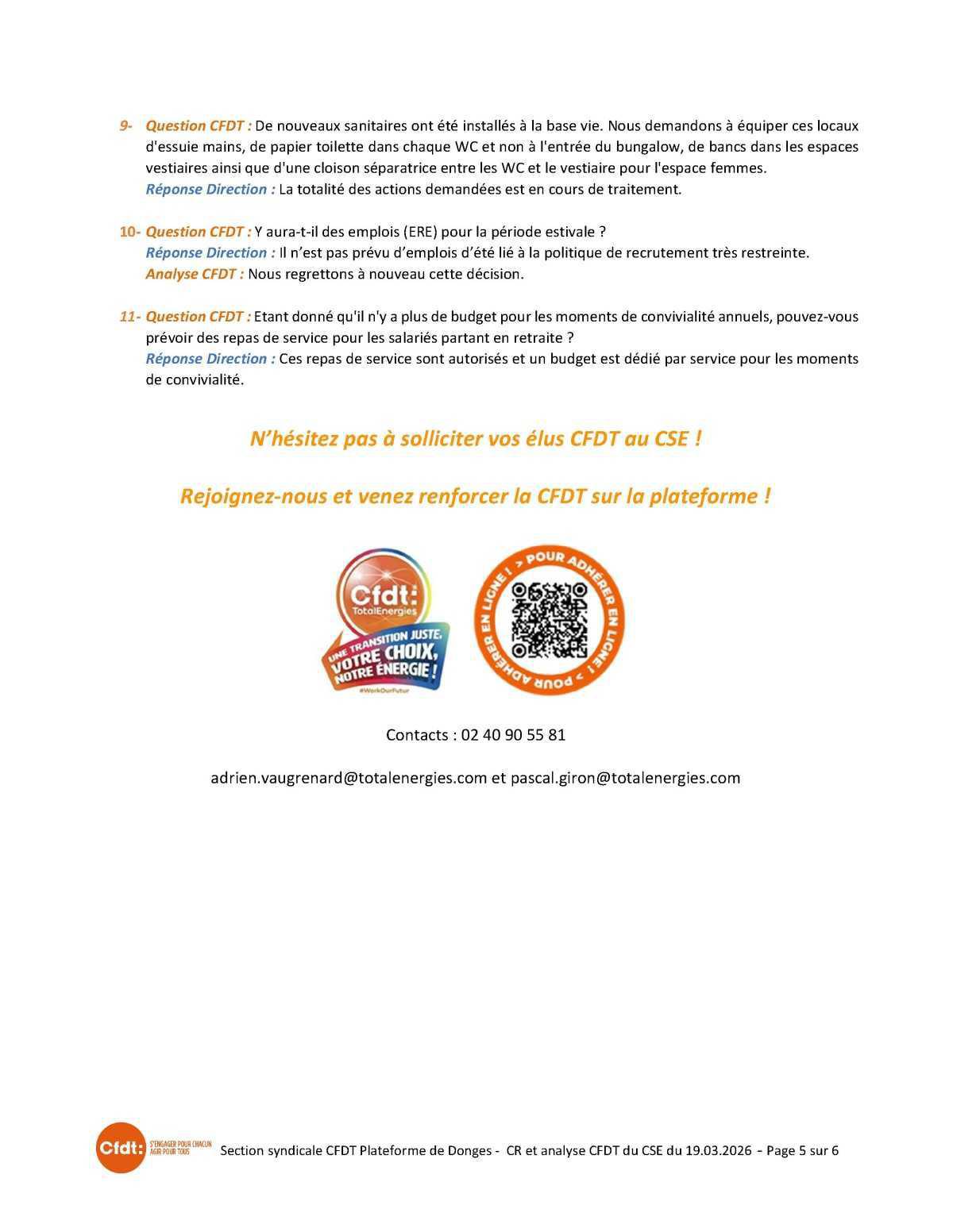 CSE du 19 mars 2026 - Compte-rendu CFDT