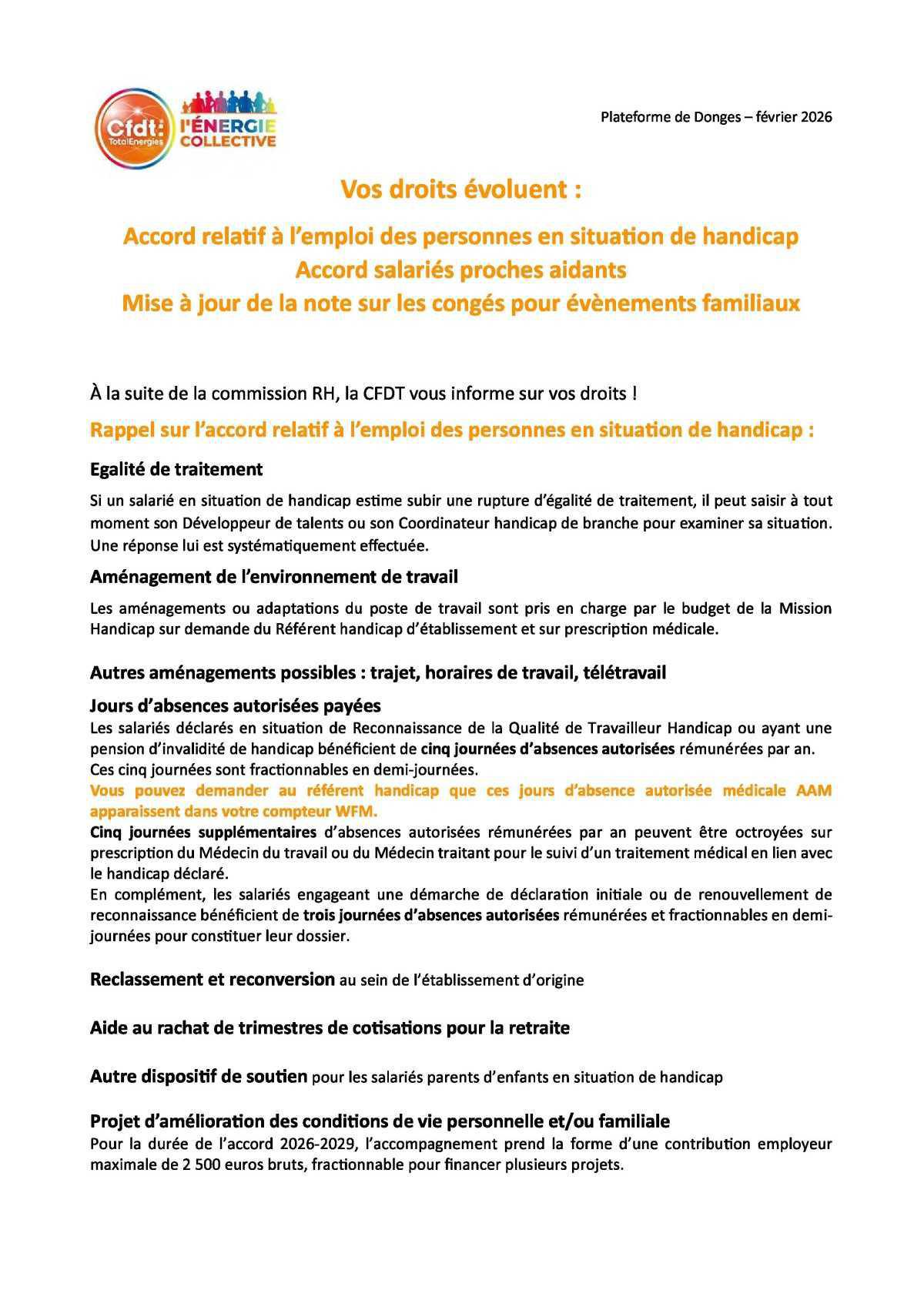 Droits des salariés en situation de handicap, proches aidant et congés évènements familiaux