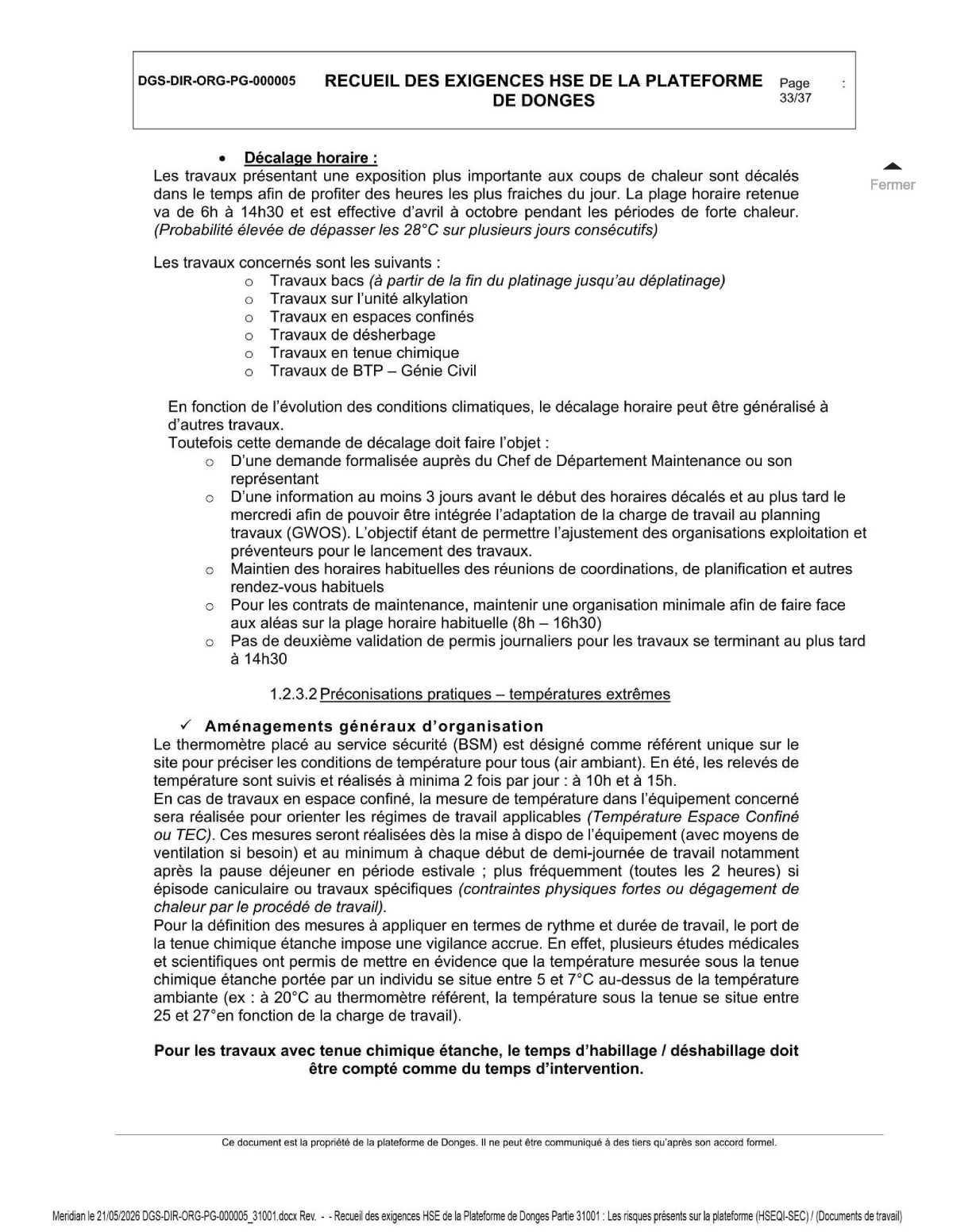 Exigence HSE lié à la température