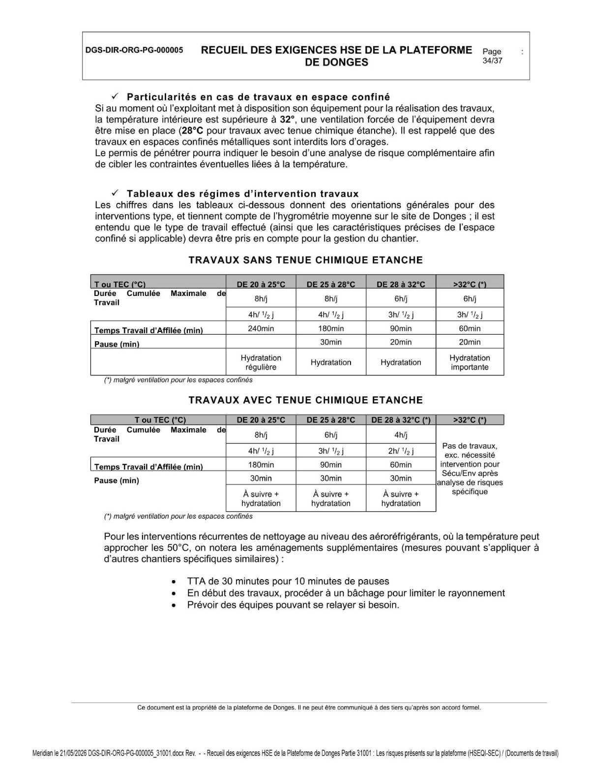 Exigence HSE lié à la température