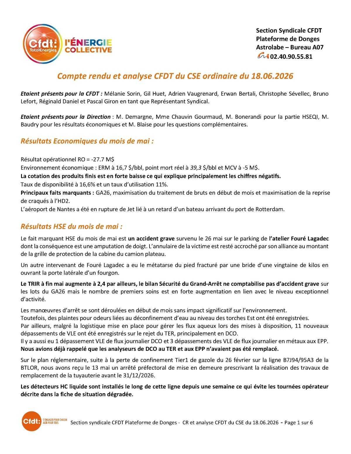 Compte rendu CSE Donges 18 juin