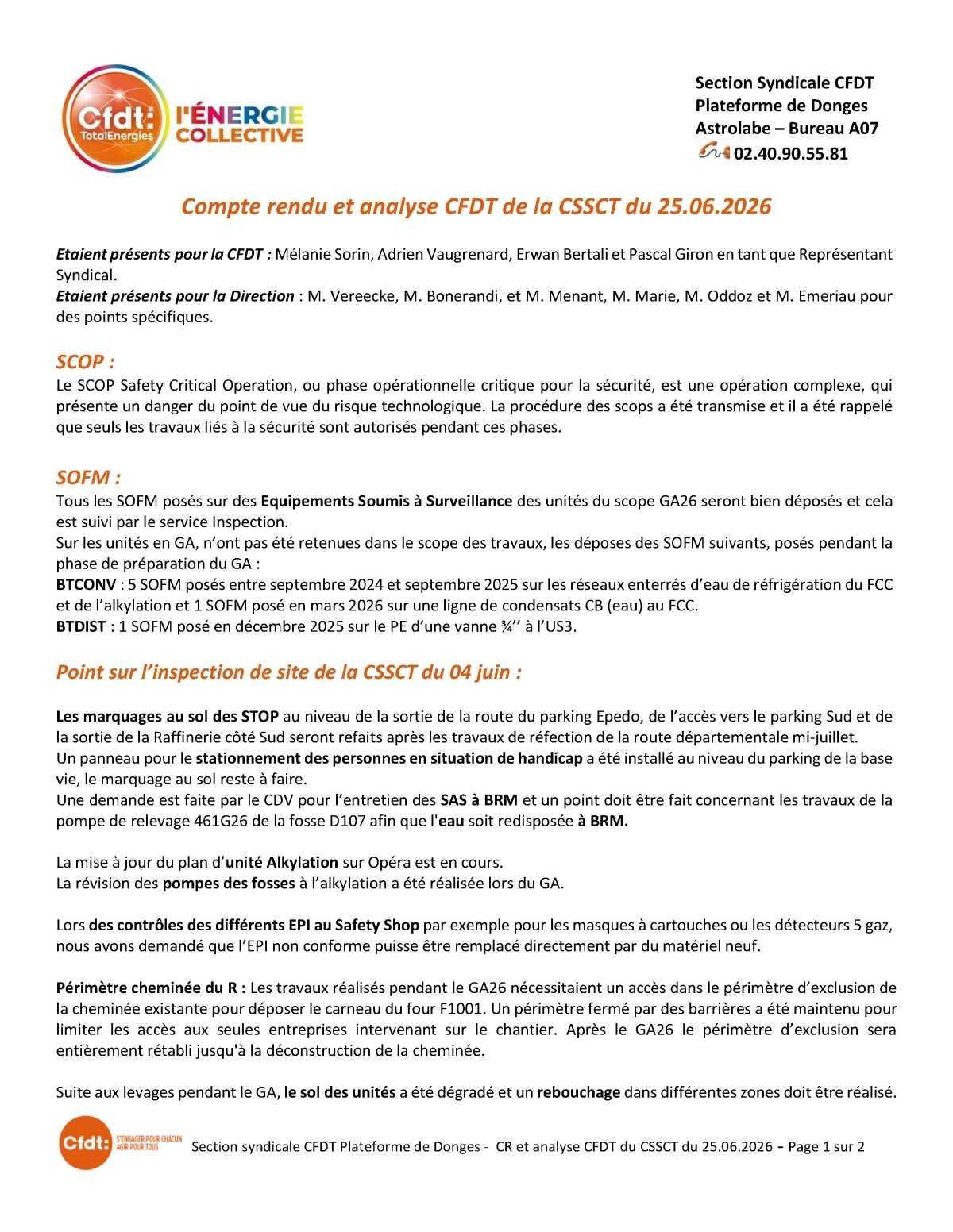 Compte rendu CSSCT Donges 25 juin