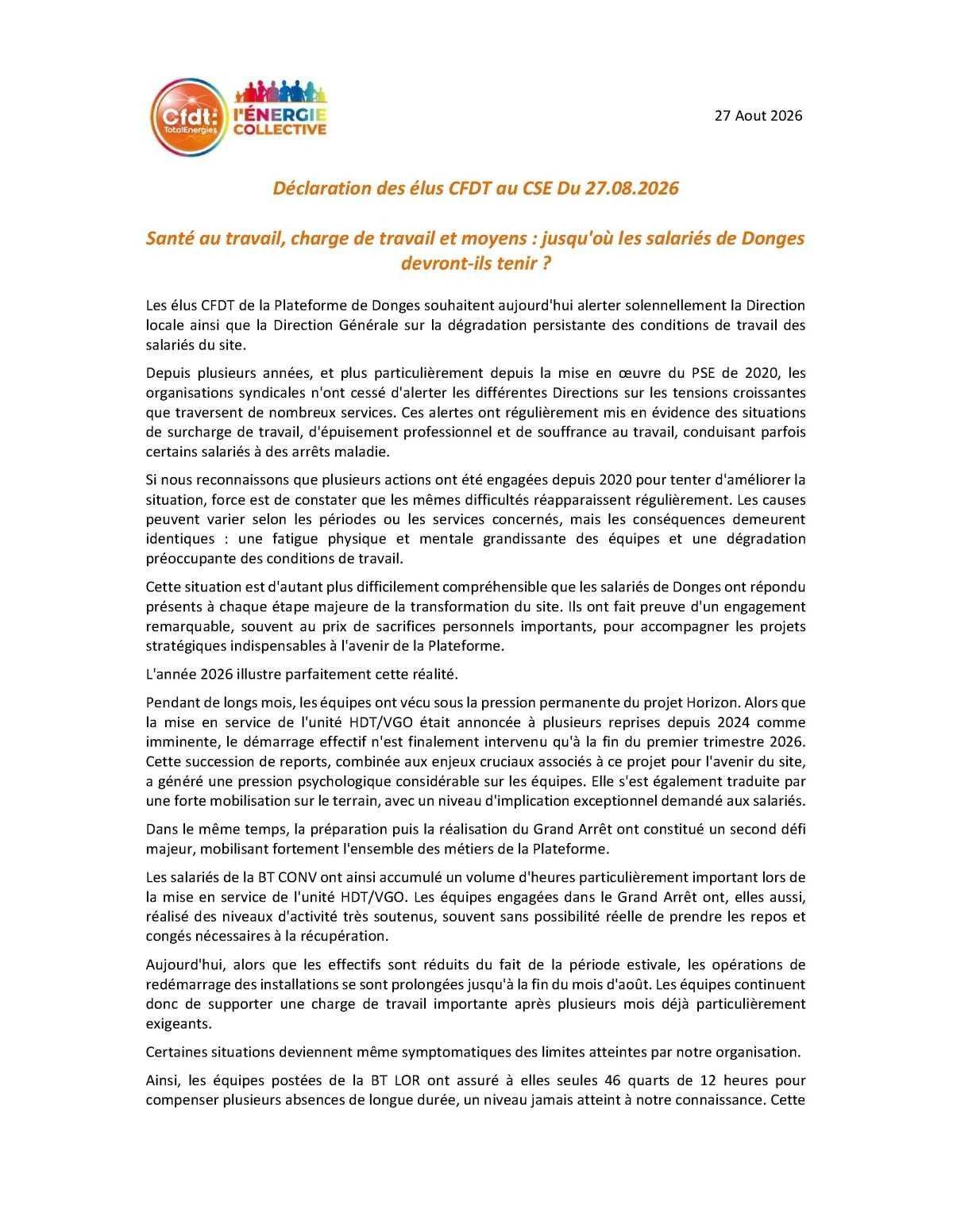 Déclaration des élus CFDT au CSE du 27 août