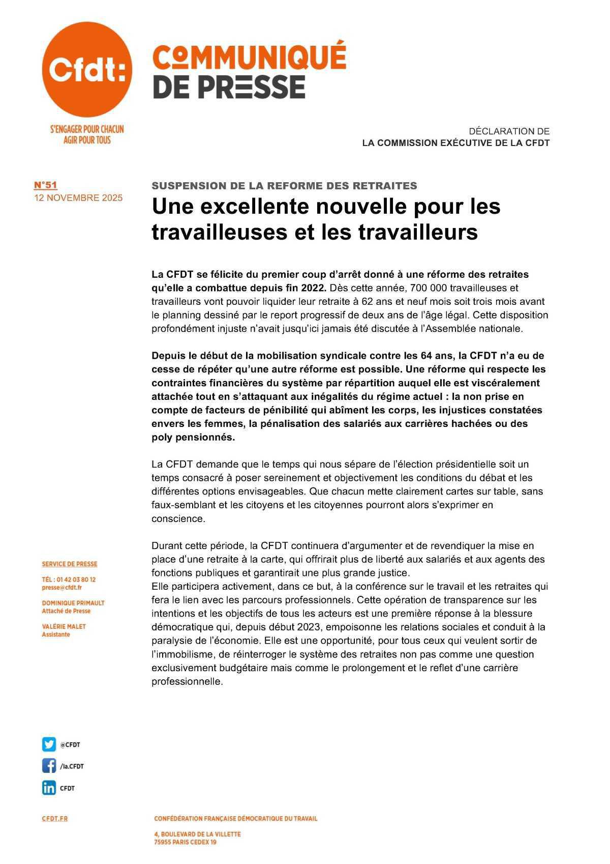Communiqué de presse CFDT : suspension de la réforme des retraites ! Communiqué de presse CFDT : suspension de la réforme des retraites !