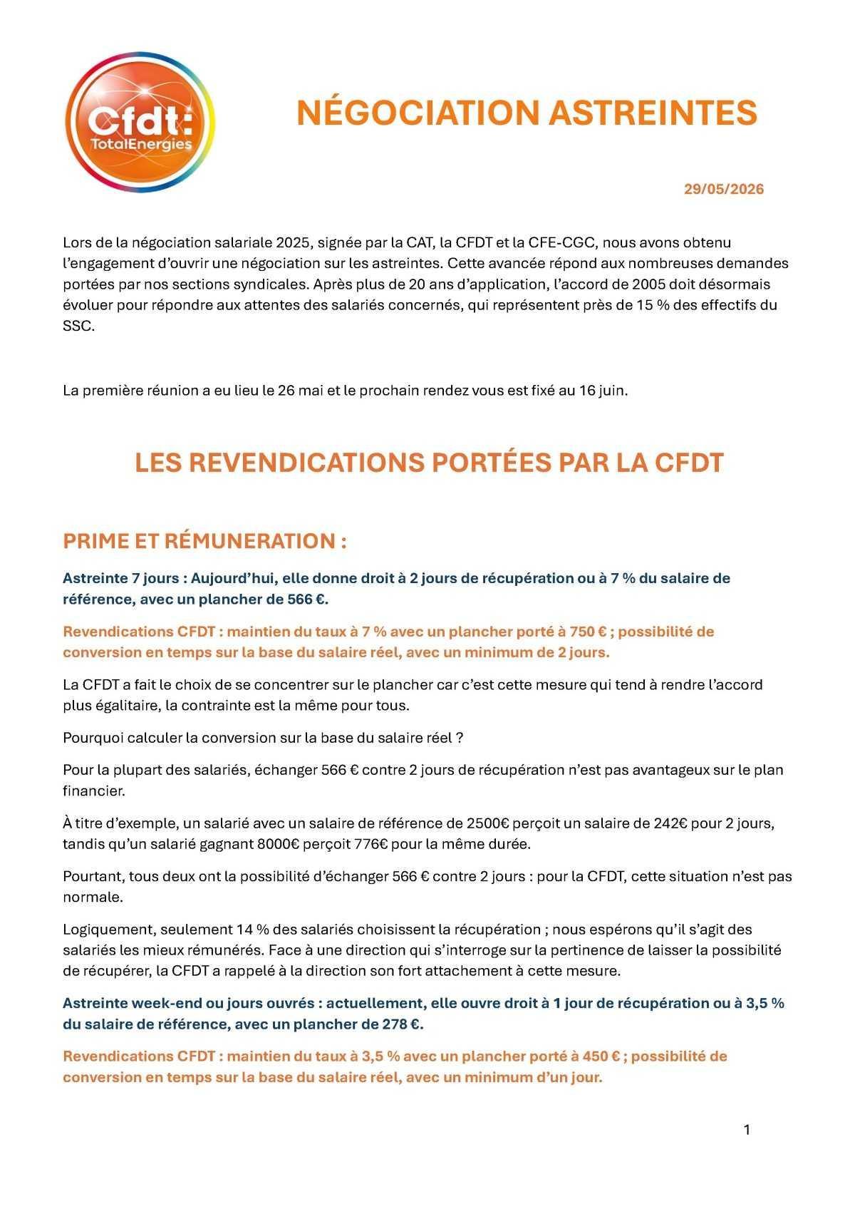 Négociation astreintes - réunion du 26/05/26