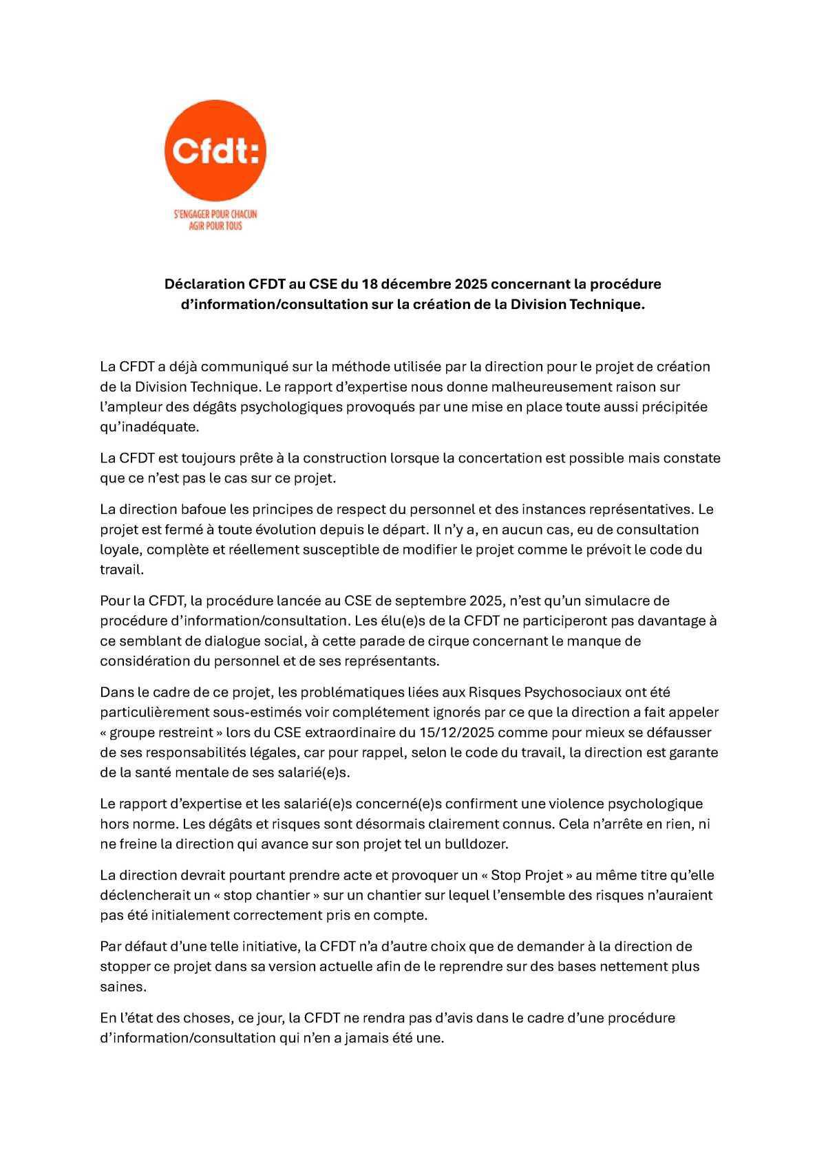 CSE du 18 décembre 2025 - Débrief CFDT CSE du 18 décembre 2025 - Débrief CFDT