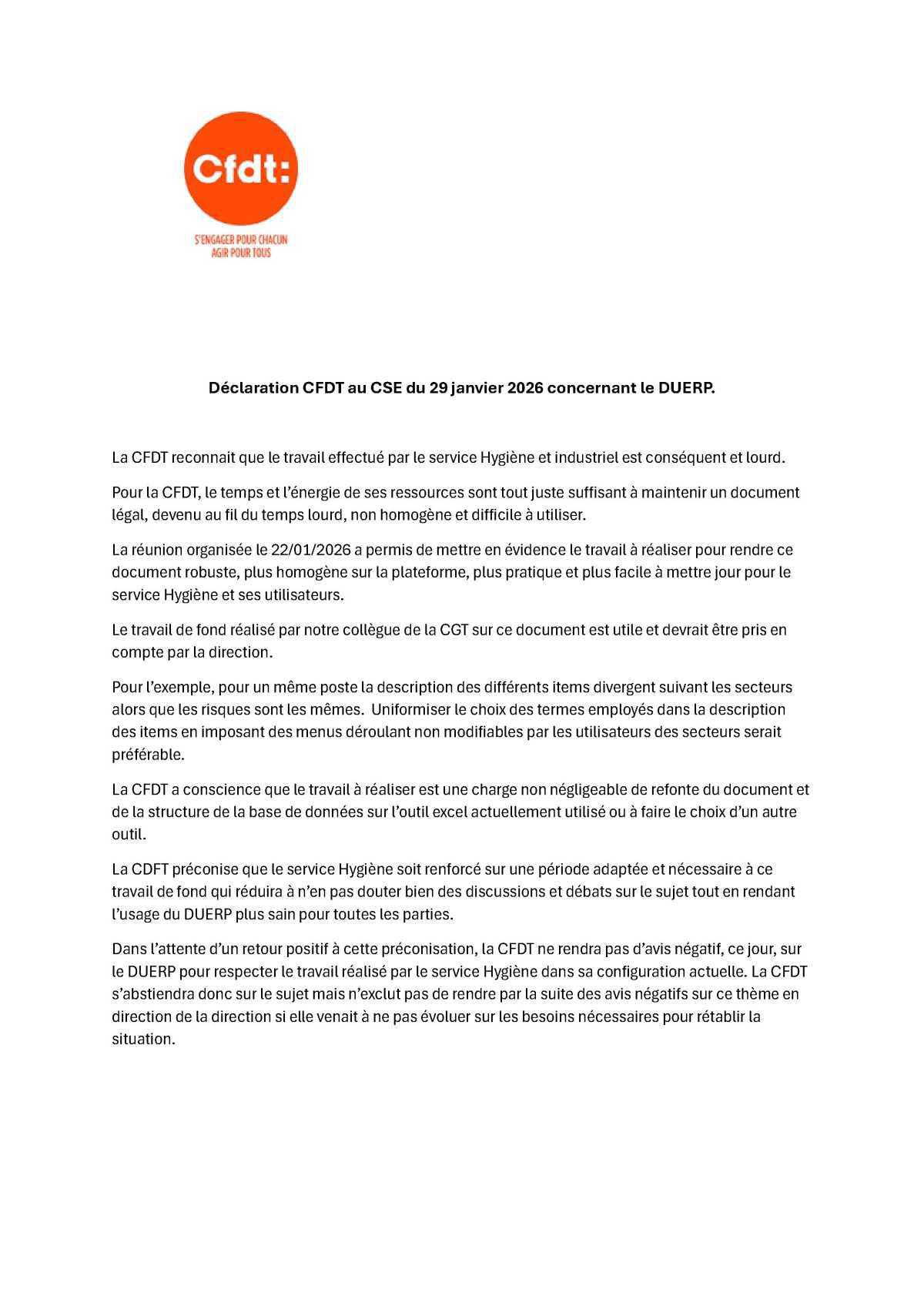 CSE du 29 janvier 2026 - Débrief CFDT CSE du 29 janvier 2026 - Débrief CFDT